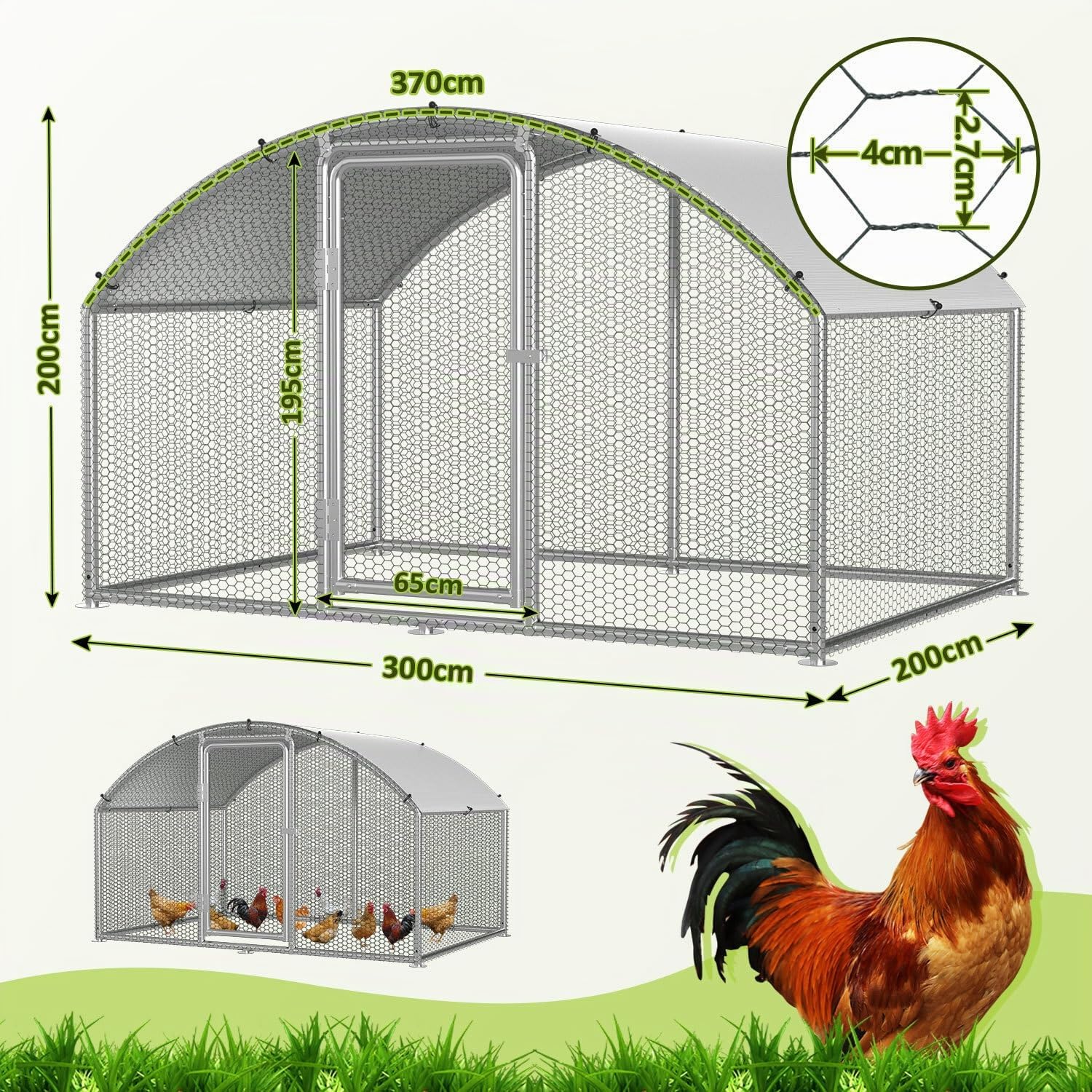 Fiqops Hühnerstall 3x2x2m Metall Freilaufgehege Freigehege, Hühnerkäfig Kleintierstall Voliere mit Dachplane, Heimtiergehege für Hühner Geflügel Kleintiere, Bogenaufsatz