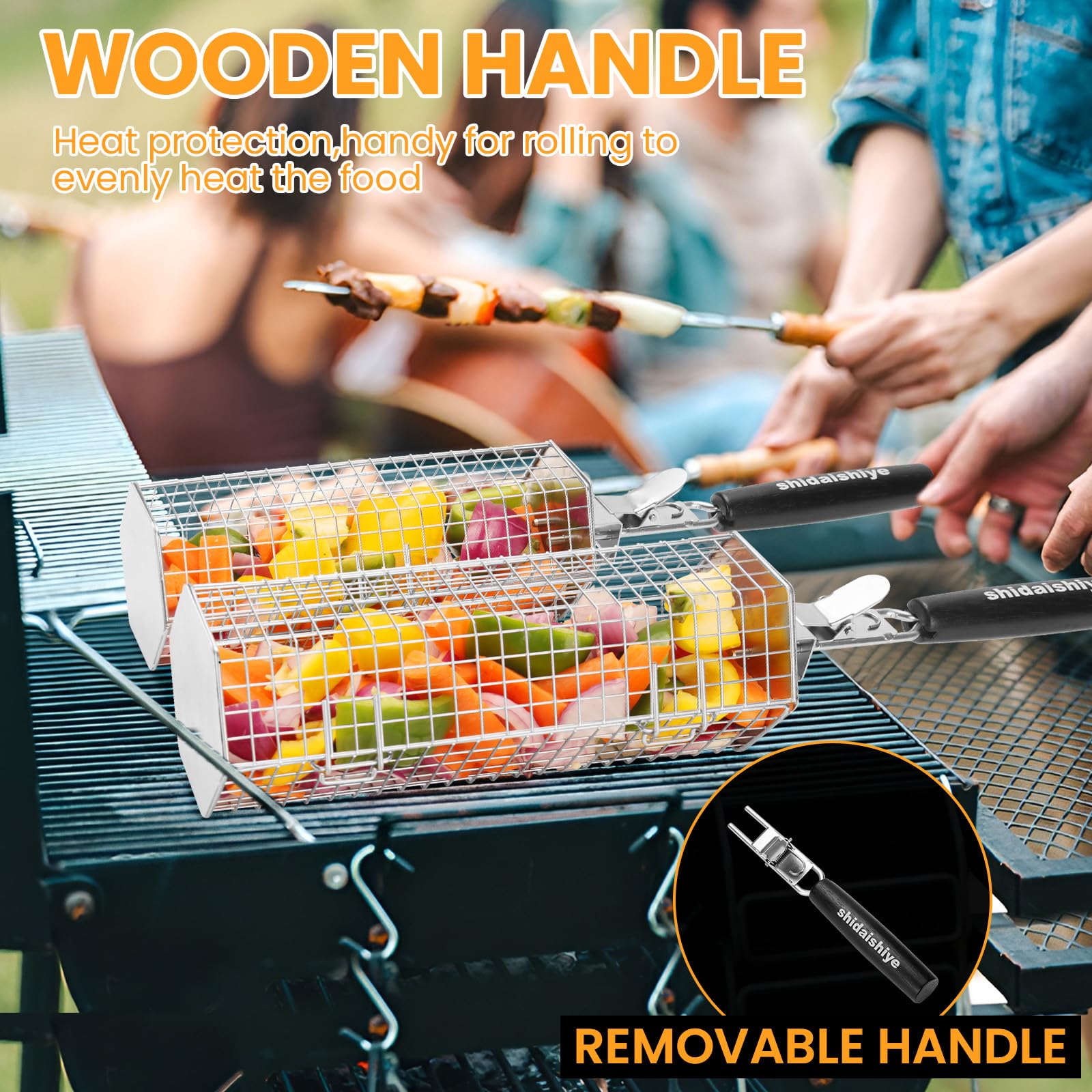 Rollendes Grillkorb Set,Grill Zubehör mit Abnehmbarem Holzgriff,Edelstahl-Nesting-Grillnetz, Outdoor Küche Grill Zubehör für Gemüse, Fleisch und Meeresfrüchte am Außengril, Geschenke für Männer(2 PCS)