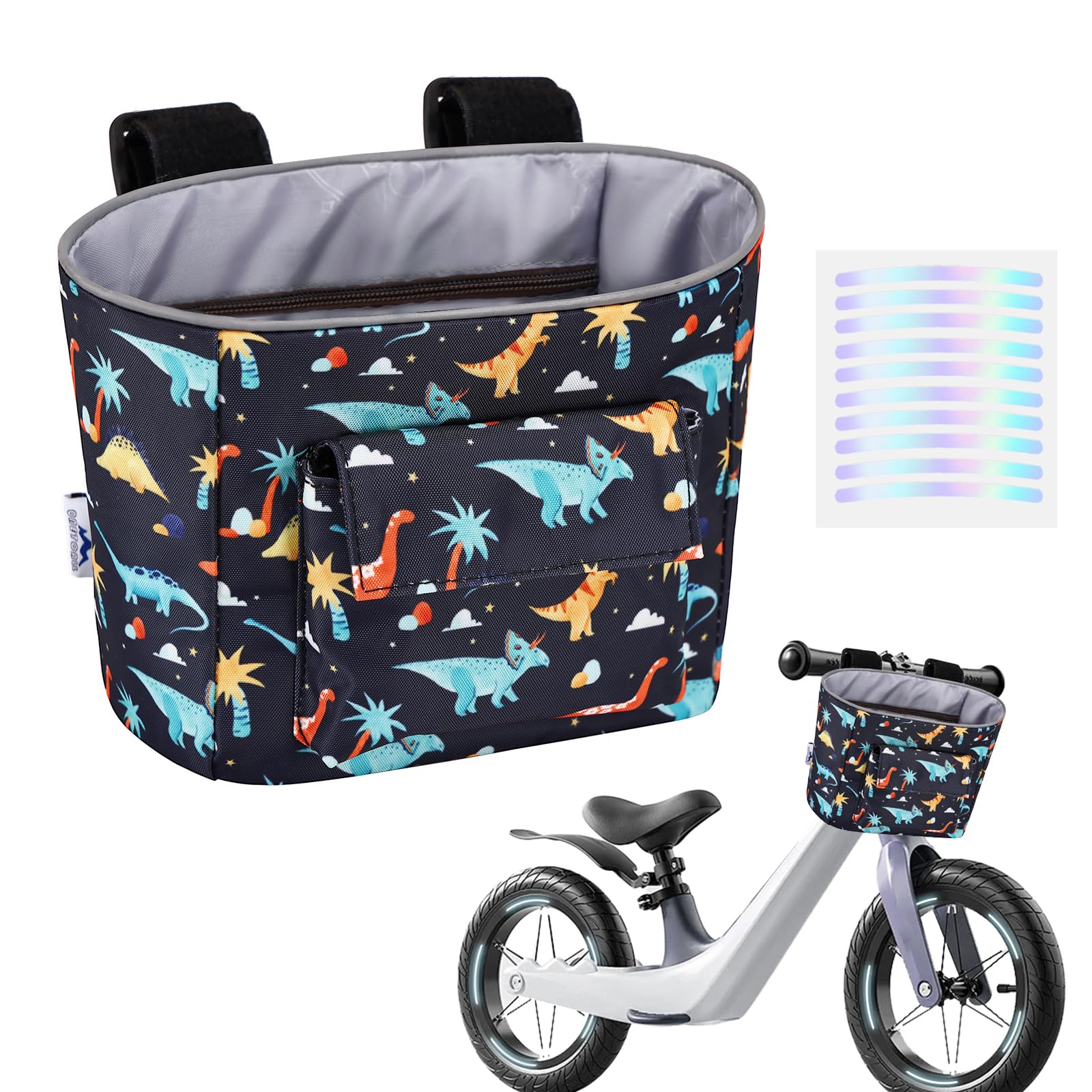 LOCAL LION Kids Bike Basket, Bike Handlebar Bag, Waterresistant Bicycle Basket, Thickened Bicycle Front Bag for Children's Balance Bike Tricycle Scooter, Blue Black-Dinosaur