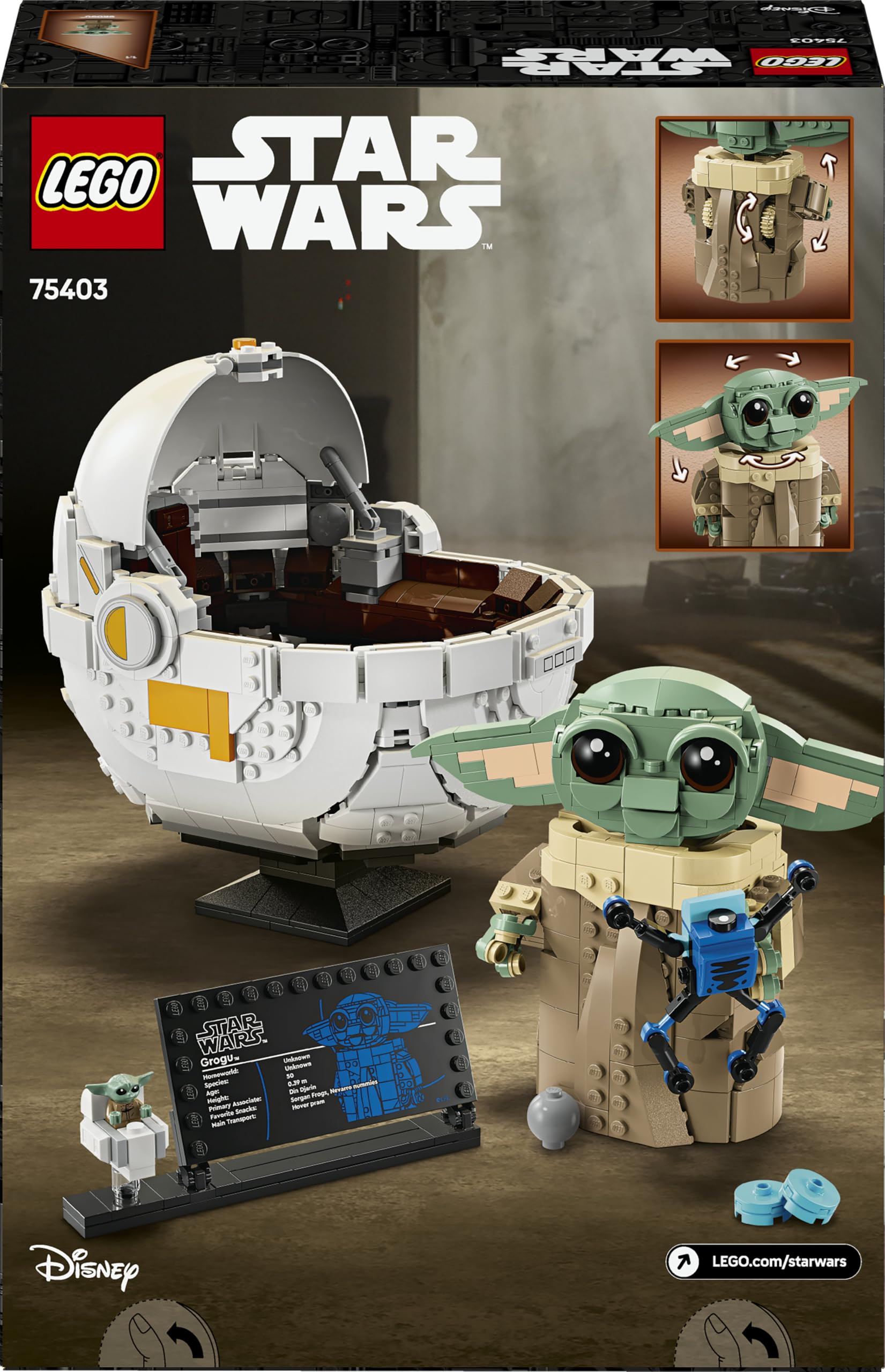 LEGO Star Wars 75403 Grogu e Carrozzina con Rana Sorgan e Minifigure di Grogu, Modellino di 'Baby Yoda' Giocattolo, Idea Regalo da Collezione per Bambini e Bambine da 10 Anni Fan serie TV Mandalorian