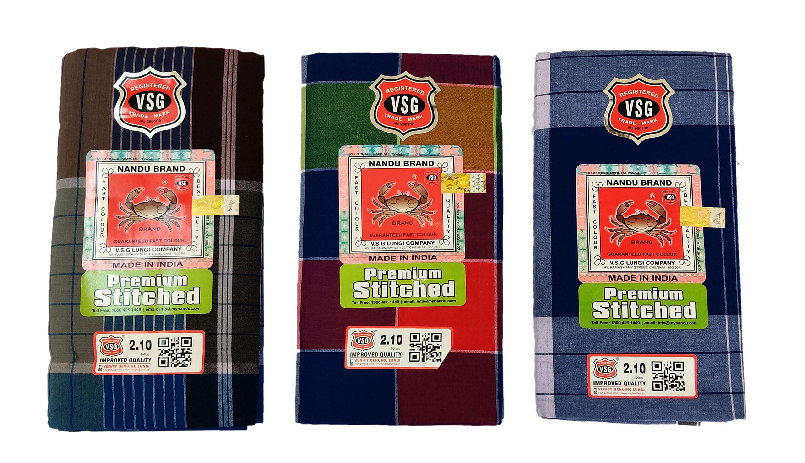 Nandu Brand Men's Cotton Stitched Lungi (Pattern May Vary, Multicolour, Free Size) - Pack of 3