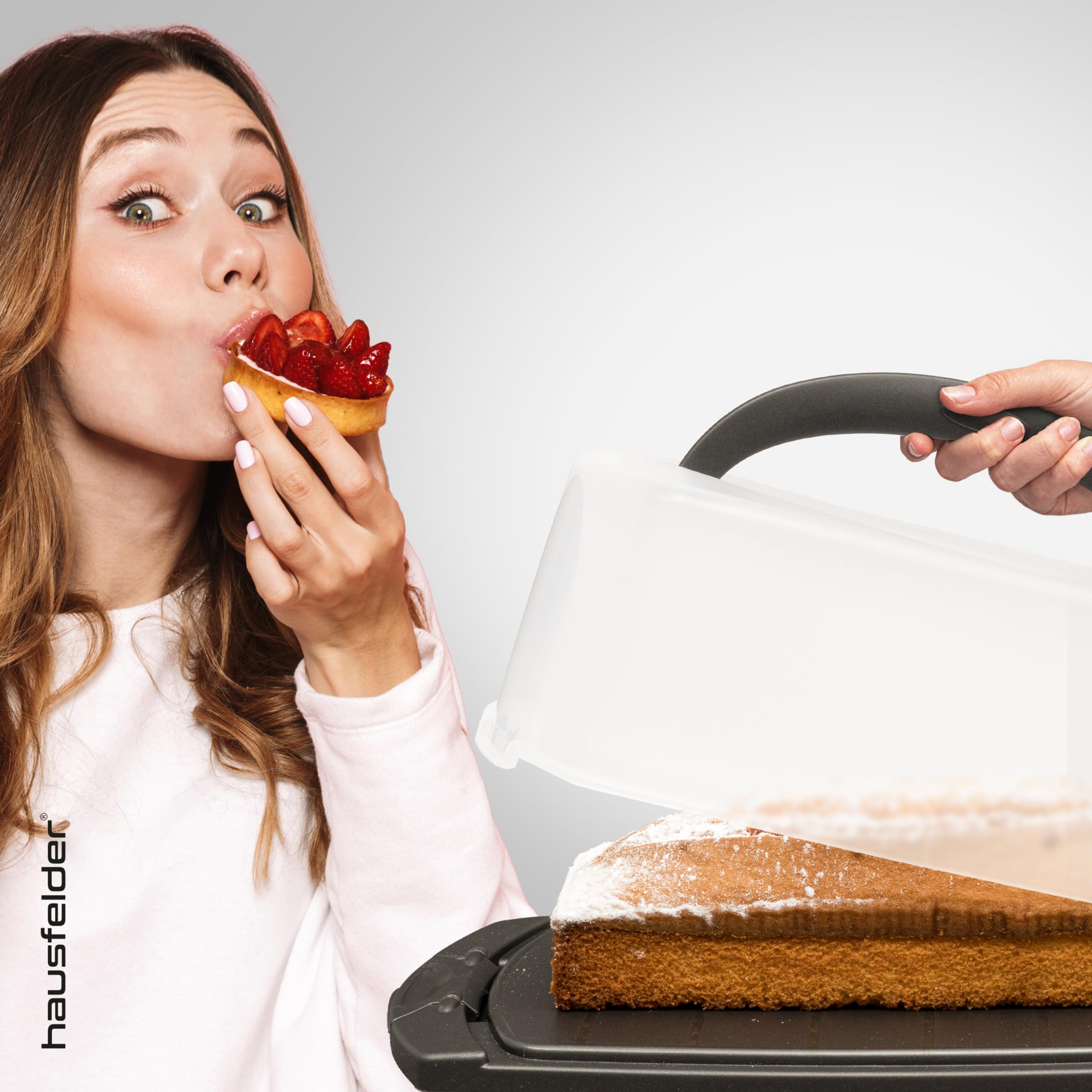 Hausfelder porta torta rettangolare con coperchio e manico, contenitore rettangolare vetro torta, portatorta plastica, 34 x 17 x 12 cm