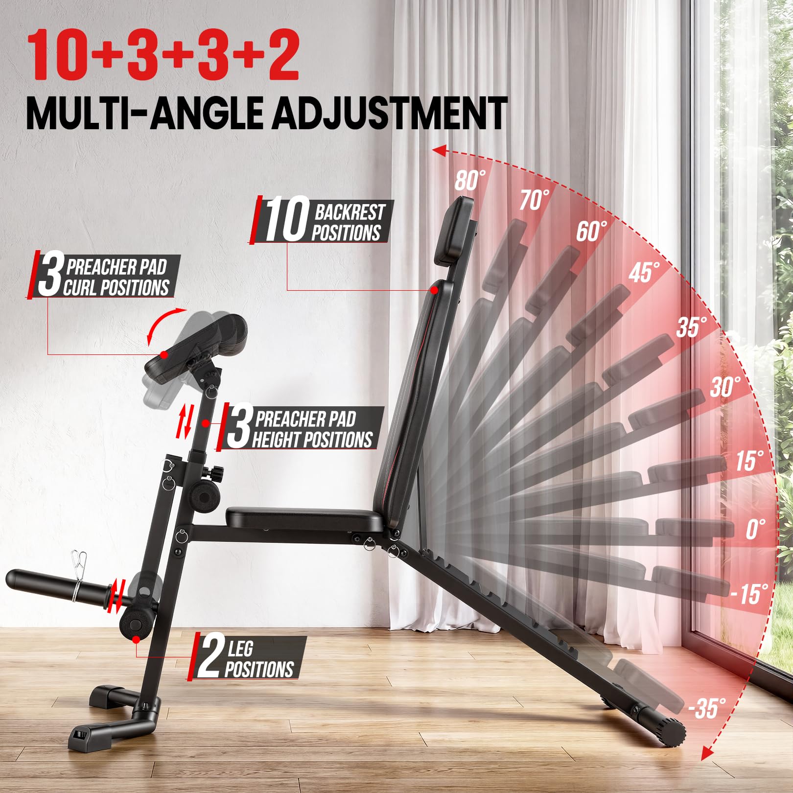 Adjustable Weight Bench for Home Gym | 800 LBS Capacity, Foldable Workout Bench with Leg Extension & Back Extension, Preacher Curl Bench for Full Body Training