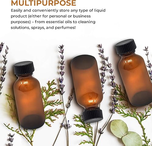 Miniatura 7 de Botellas de vidrio ámbar de 1 oz (1.0 fl oz), paquete de 12 botellas vacías recargables con tapa negra, botella de aceites esenciales a prueba