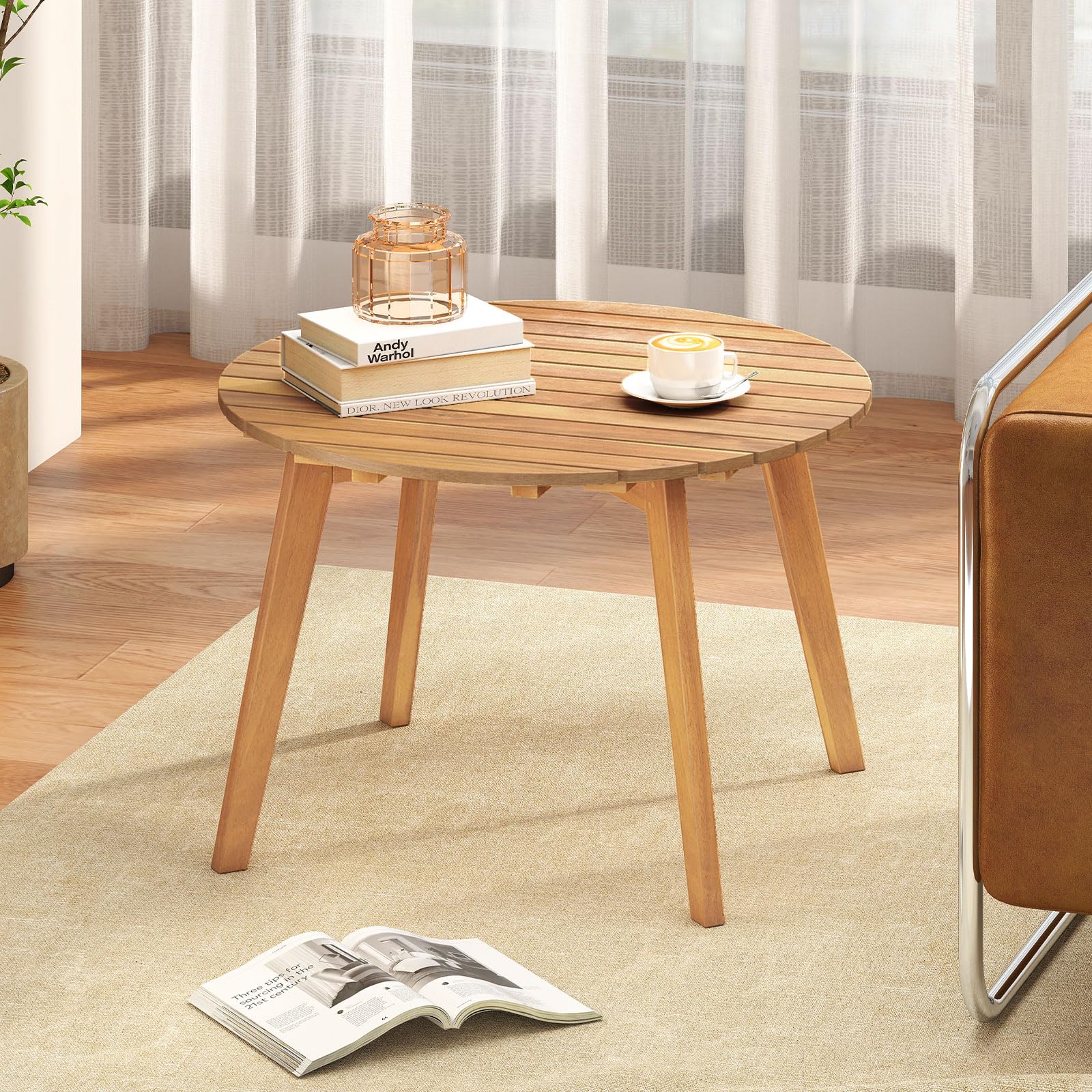GOPLUS Table Basse Exterieur 62x40cm, Petite Table de Jardin en Bois d'Acacia avec Plateau Rond à Lattes&4 Pieds Fiables, Montage Facile, Meuble de Bistrot pour Terrasse Balcon Piscine, Charge 75kg