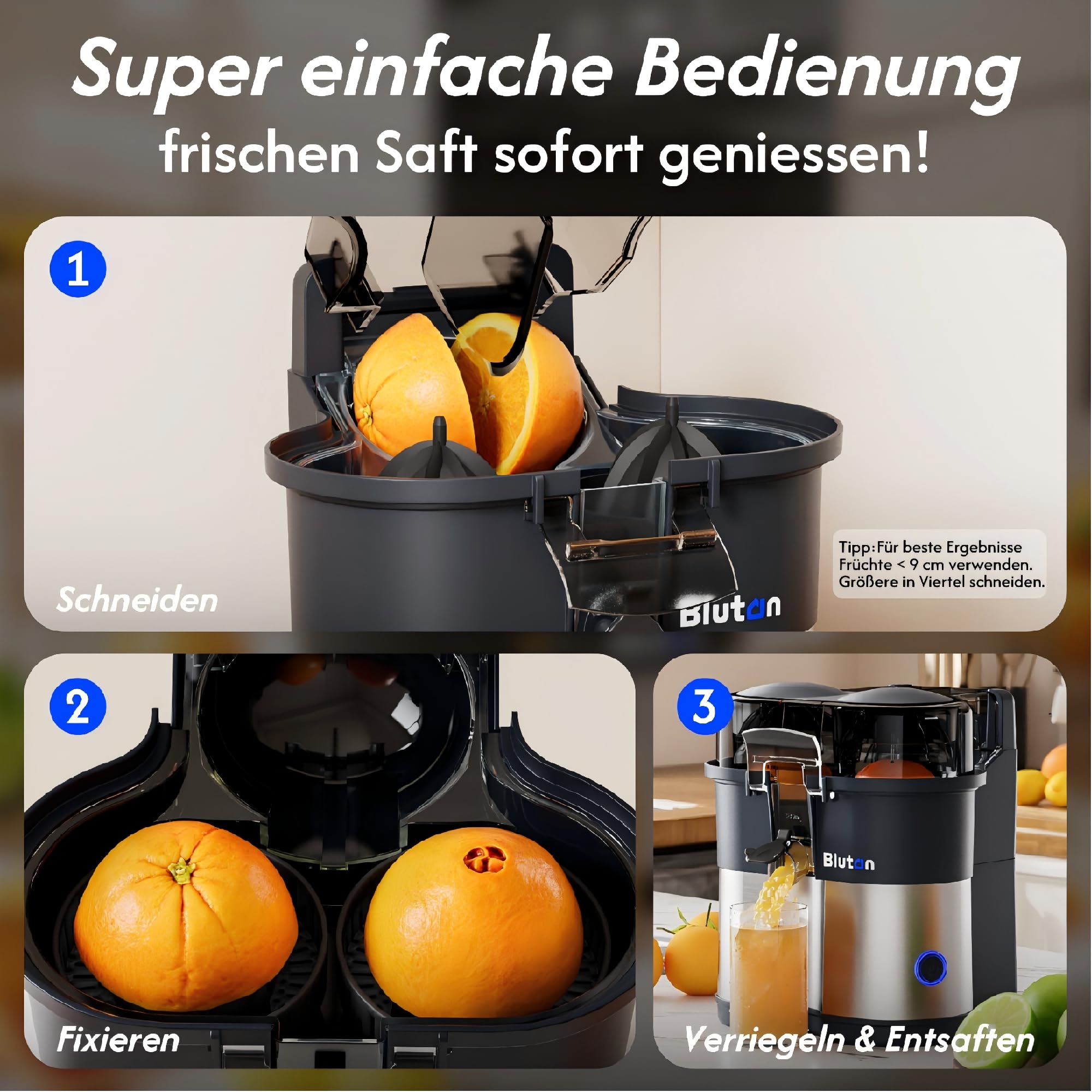 B Juicy O2 Elektrische Zitruspresse & Orangenpresse – Doppelkegel-Entsafter mit Schneider, vollautomatisch, 100W，13500 U/min, BPA-frei, 380ml, leicht zu reinigen, für Orangen, Zitronen & mehr