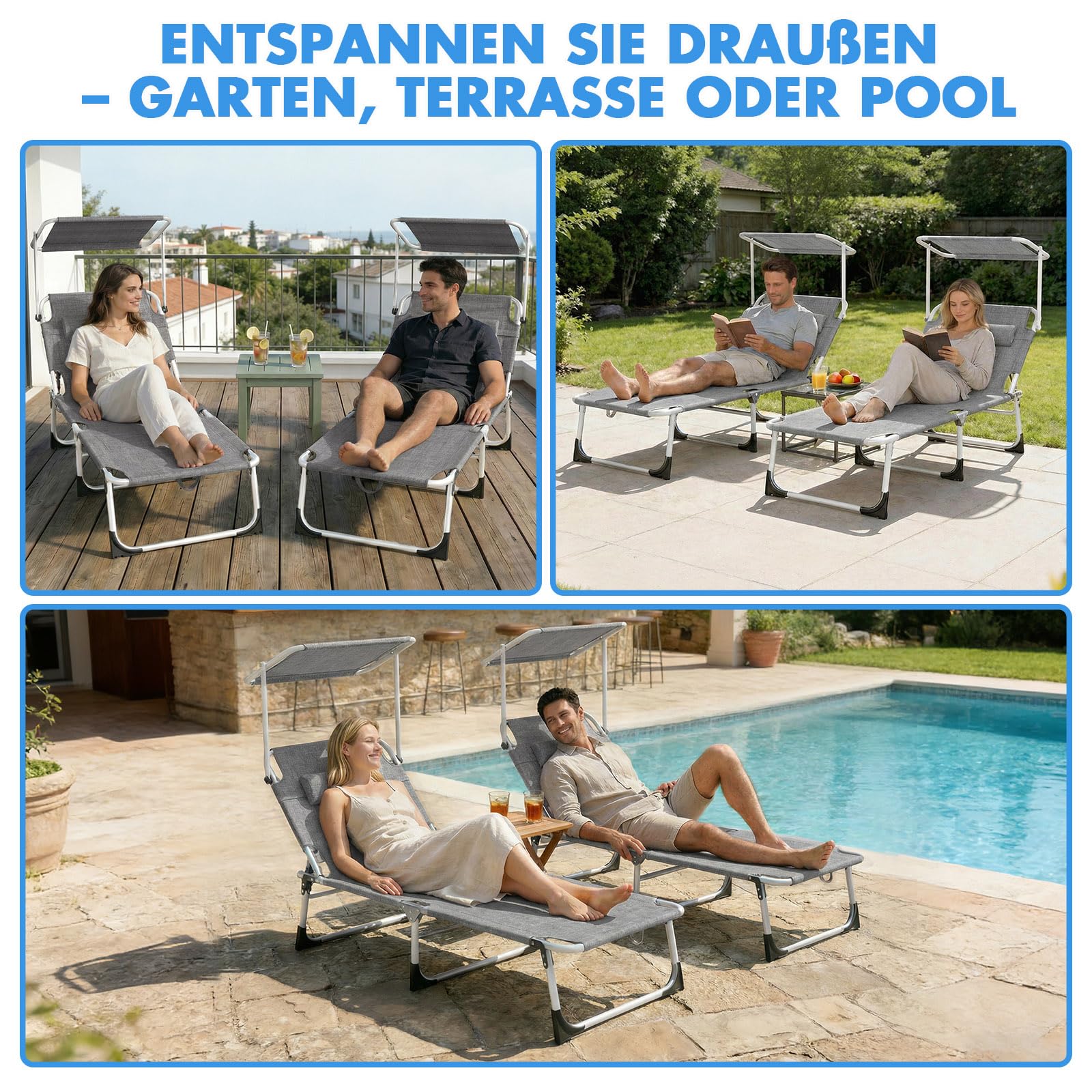 Huracan Groß Sonnenliege klappbar, Gartenliege mit Dach, Liegestuhl mit 4-Fach Verstellbarer Rückenlehne & Seitentasche, wetterfeste Strandliege bis 100kg belastbar, für Garten Pool, Grau