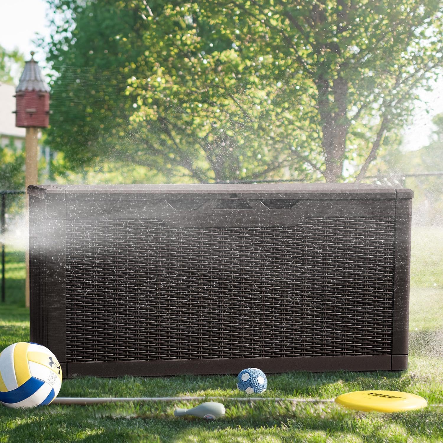 Greesum 100 Gallon Resin Deck Box Large Outdoor Storage, Imitation Rattan Weave Texture for Patio Furniture, Garden Tools, Pool Supplies, Weatherproof and UV Resistant, Lockable, Dark Brown