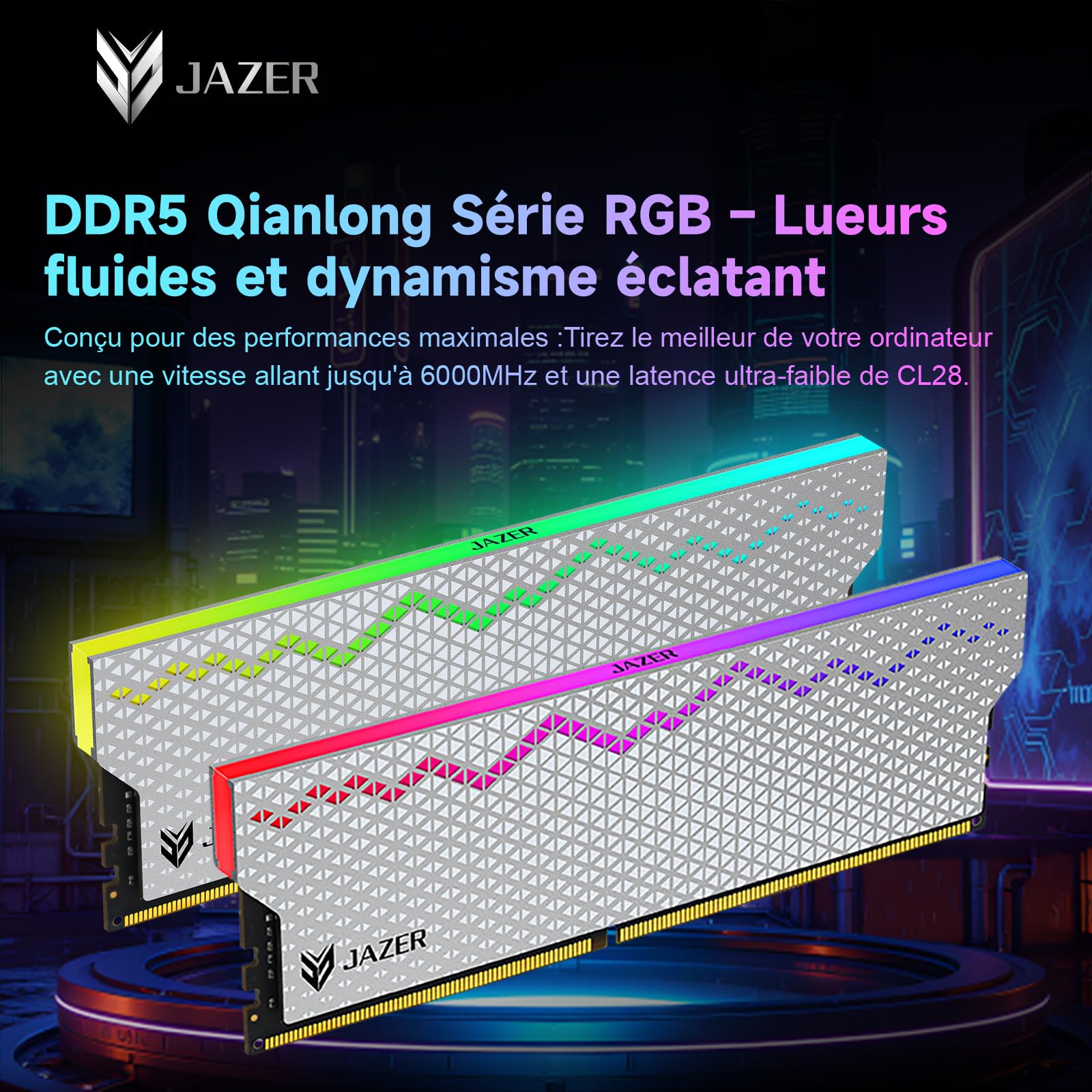 JAZER DDR5 RGB 32Go (16Go x 2) 6000MHz CL28 - Compatible avec XMP 3.0 et Expo - Mémoire de Travail pour Ordinateur de Jeux PC CL28-35-35-76/1,4V(Blanc)