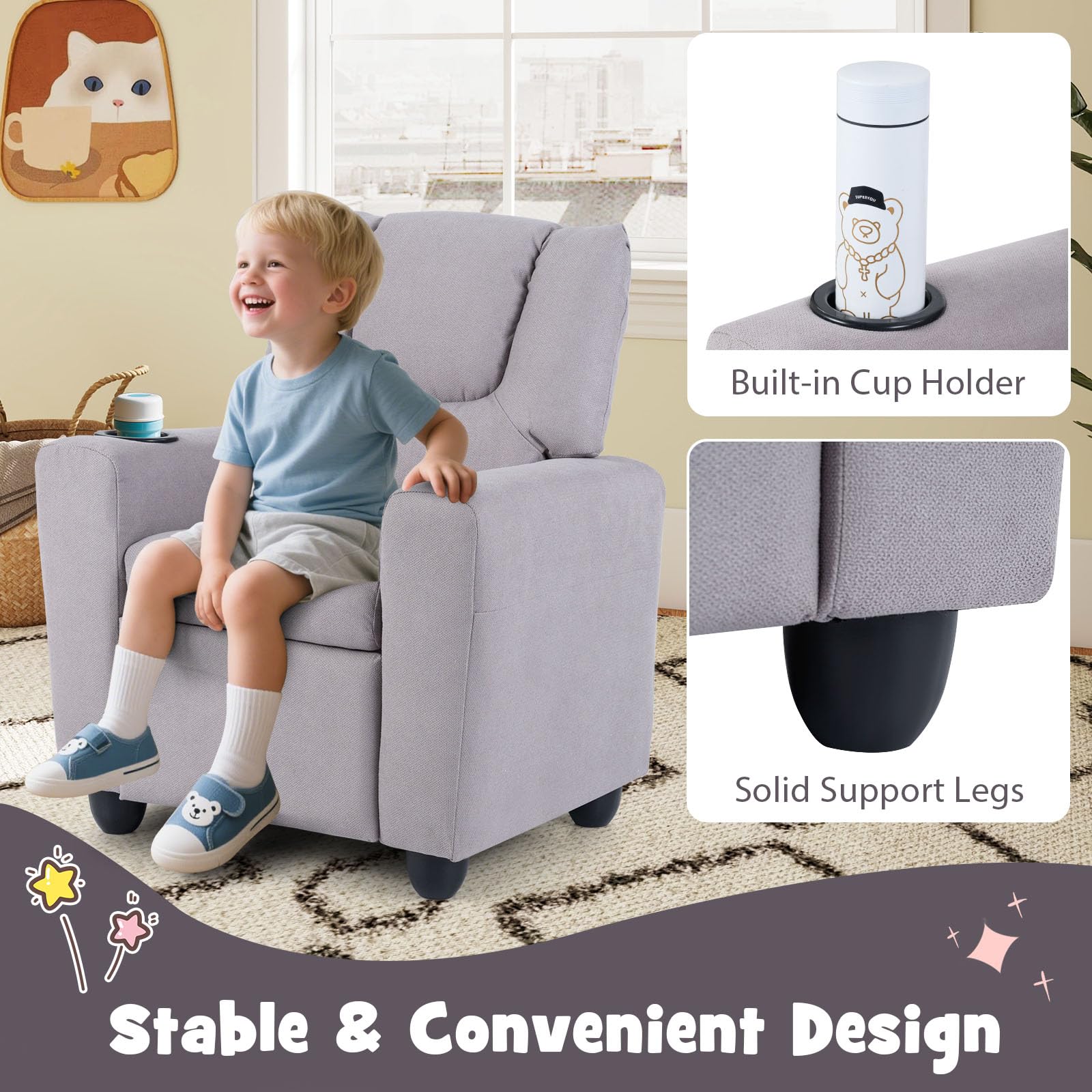 LIFEZEAL 2 en 1 Fauteuil Inclinable pour Enfants, Fauteuil pour 3 +Ans Garçons et Filles avec Repose-Pieds réglable et Porte-gobelet, Petit Canapé pour Chambres d'enfants, Salles de Jeux (Gris)