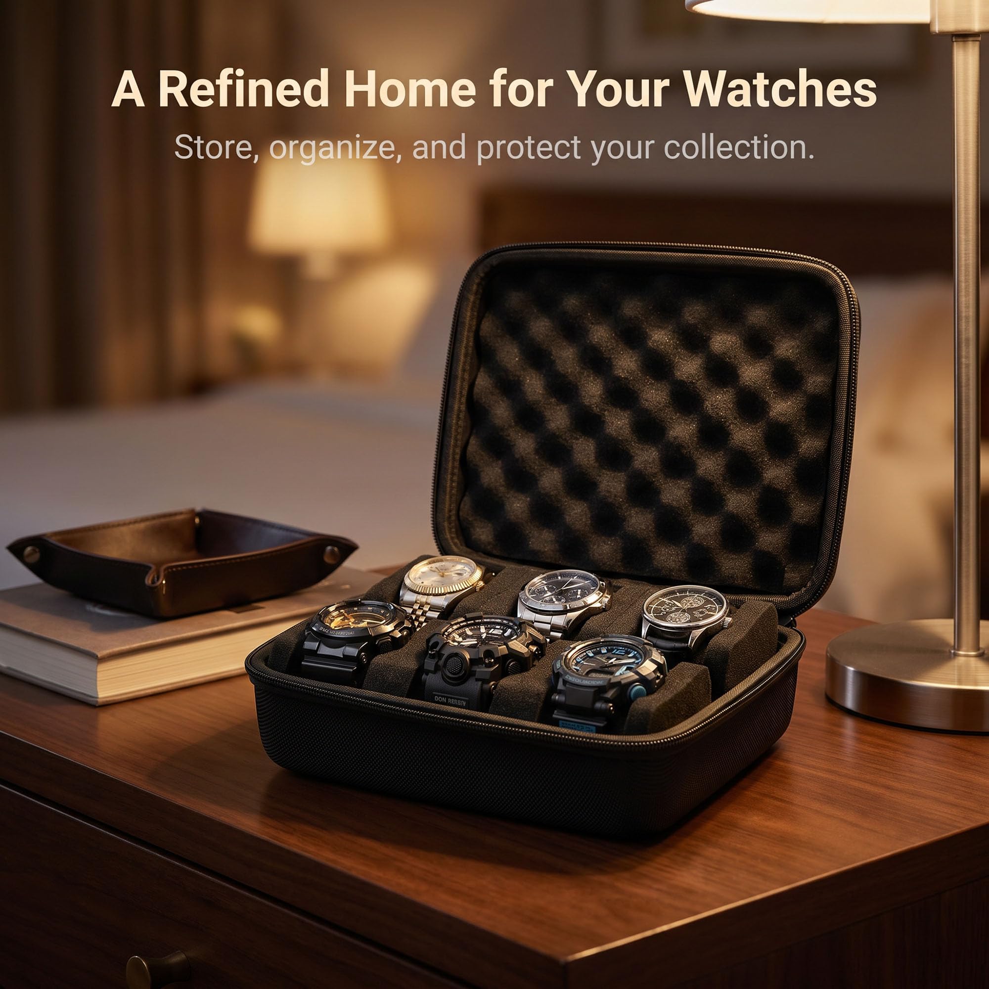 Étui de voyage rigide à 6 emplacements pour montres pour homme, boîte rigide pour affichage et organisation (noir, 6 emplacements avec 2 compartiments)