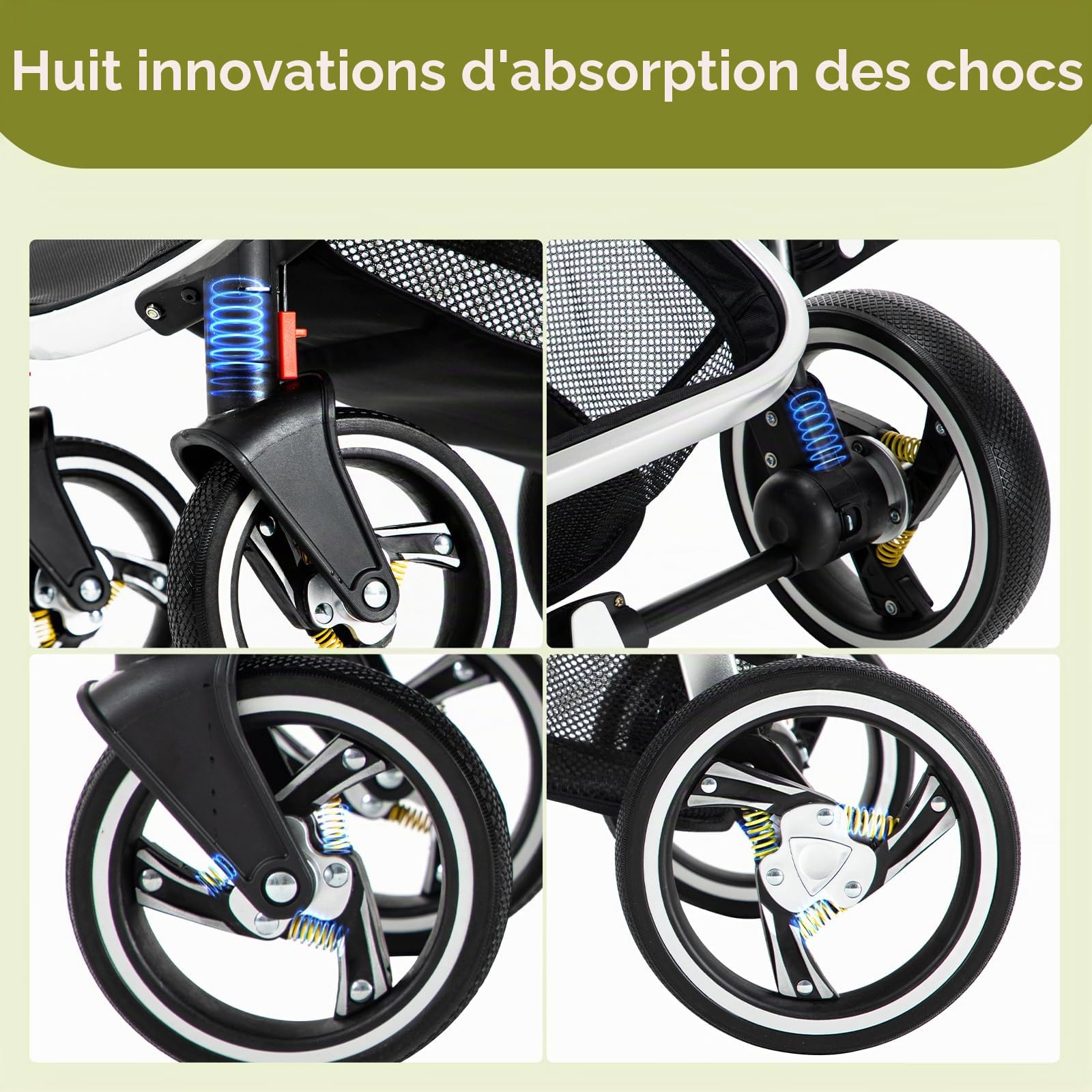 Gcarebb Poussette 3 en 1 en cuir synthétique, poussette de ville avec siège auto, canne de marche pliable en un clic, poussettes combinées paysagères, cadre en aluminium haut