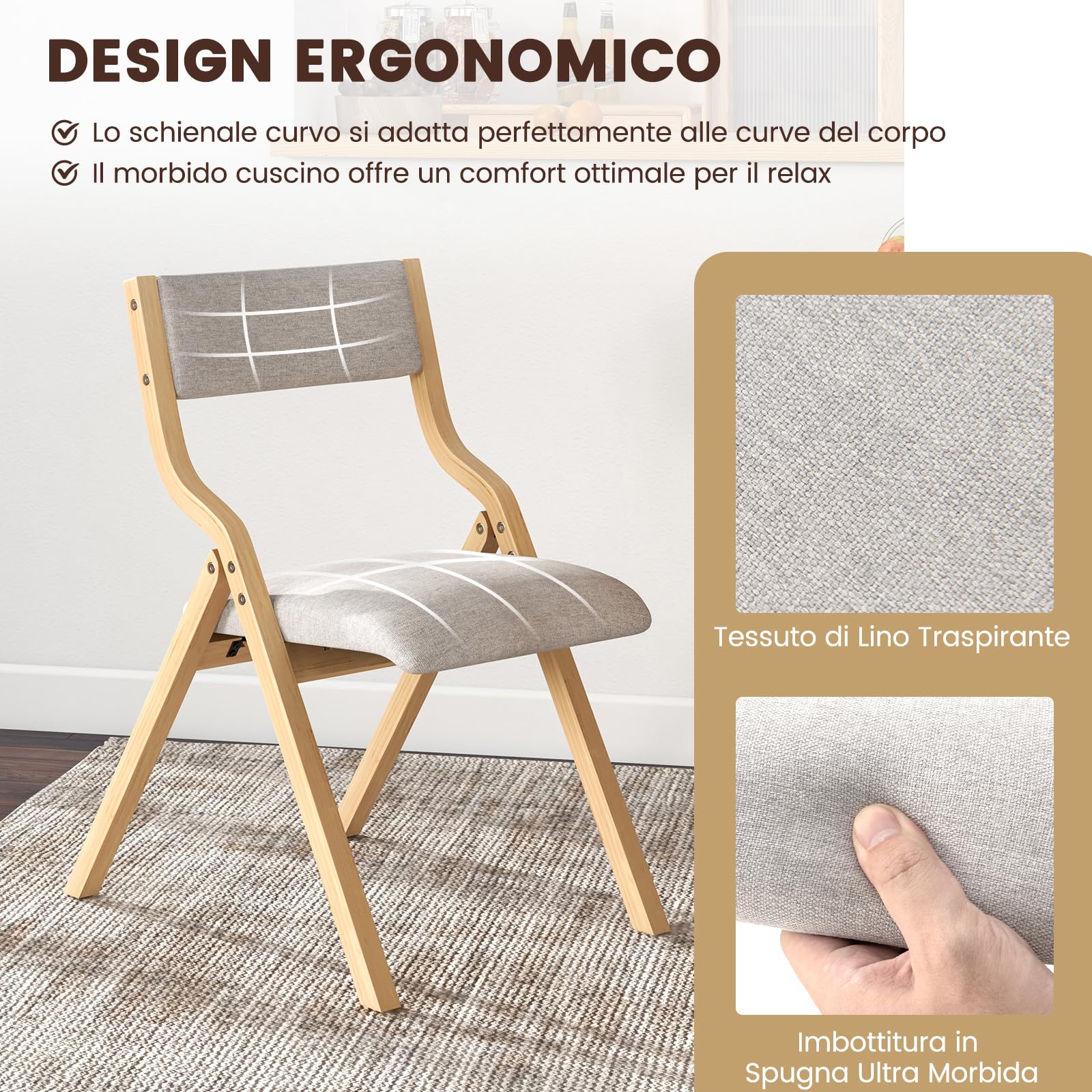 COSTWAY Set di 2 Sedie da Pranzo Pieghevoli, Sedie Imbottite con Telaio in Legno Massello e Sedile Imbottito in Tessuto di Lino, Aspetto Moderno Senza Braccioli per Cucina e Soggiorno (Naturale)