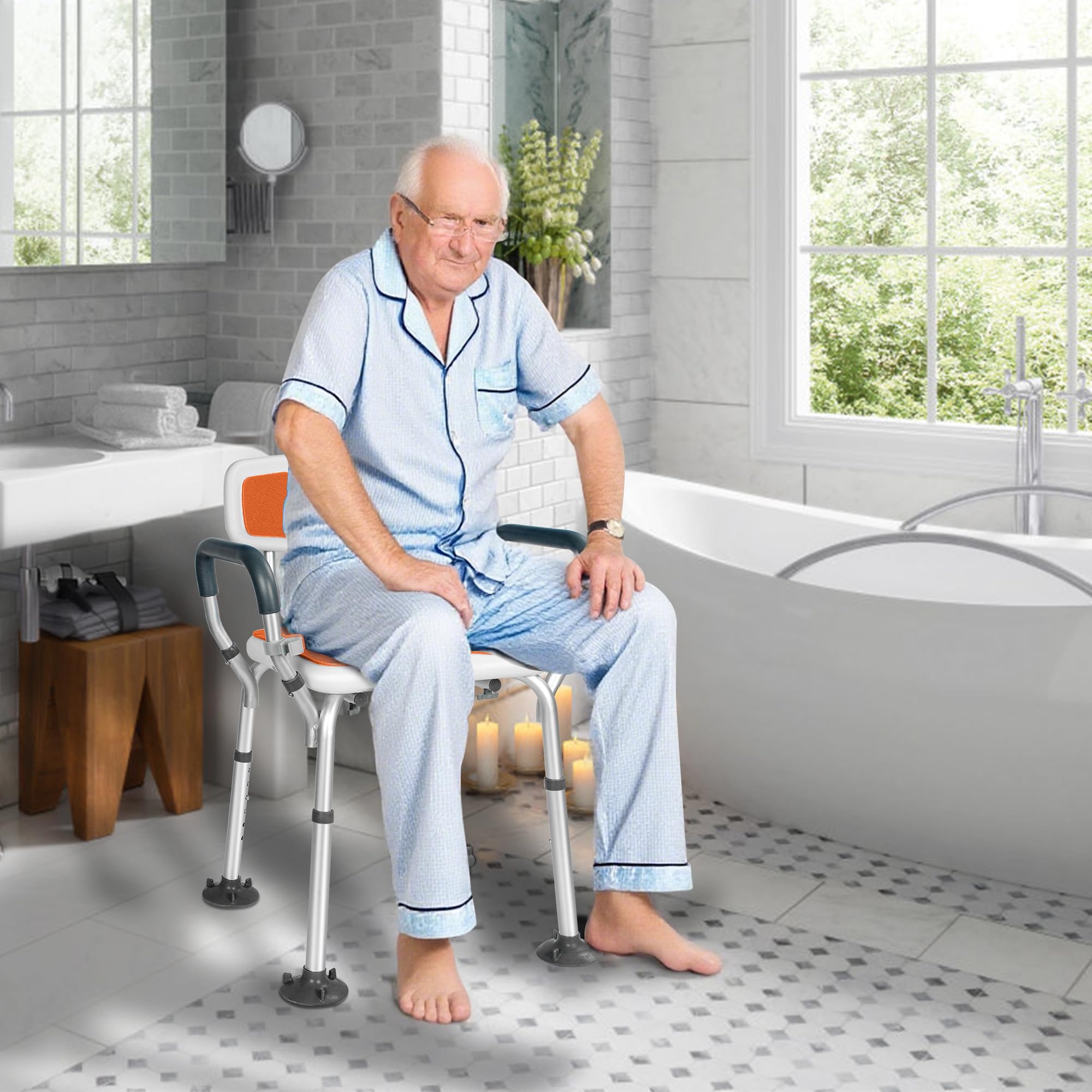 OUUTMEE Silla de ducha con reposabrazos y respaldo desmontable, antideslizante, taburete de ducha regulable en altura con 6 posiciones, asiento de ducha para personas mayores, color naranja