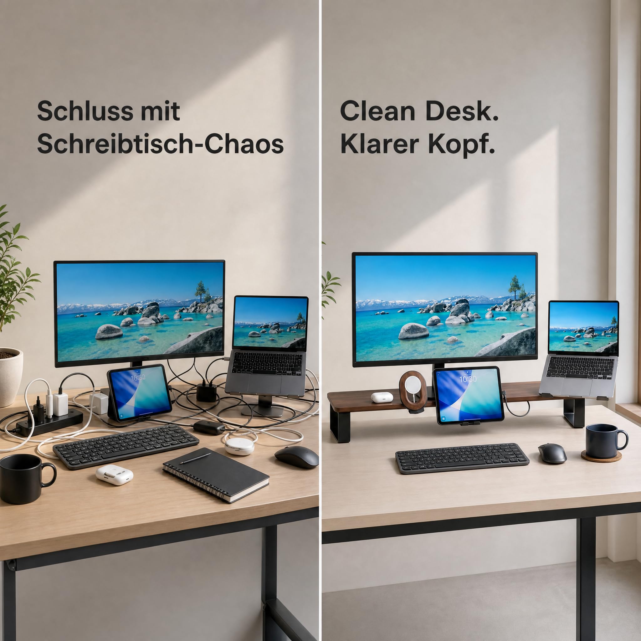 Monitorständer Desk Shelf 100 cm Walnuss | Monitorerhöhung Holz mit modularem Schienensystem | Schreibtisch-Organizer für kompakte Setups