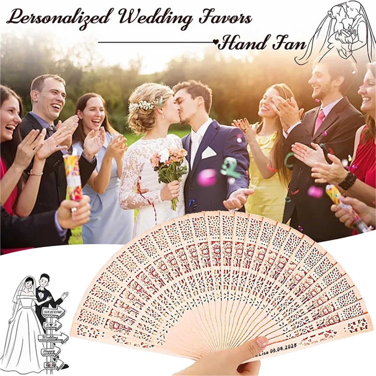 Faltfächer aus Holz, 50 Stück, für Hochzeit, Taufe, Party, Gastgeschenk, Dekoration | Eleganter Handfächer aus Holz mit Organza-Beuteln, perfekt für Hochzeiten, Taufpartys und Event-Dekorationen.