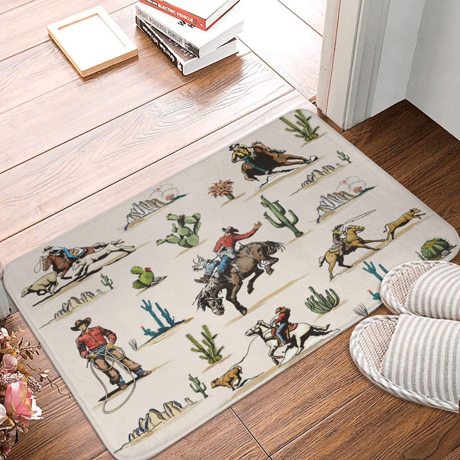 Valvphora Western Bath Mat, Retro Bathroom Rug, Washable Microfiber Soft Doormats Shower Mat, Western Home Decor Non-Slip Super Absorbent