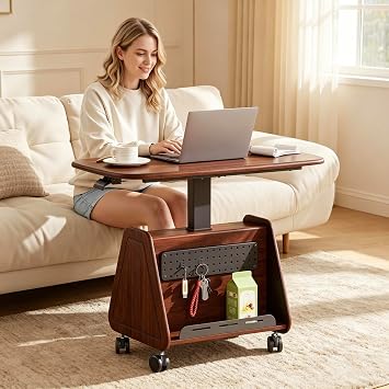 Rolling Side Table with Wheels, Sofa Couch Desk with Storage | End Table with Adjustable Desktop, Mobile Bedside Table for Living Room, Recliner and Small Spaces, Laptop Desk, Dark Wood