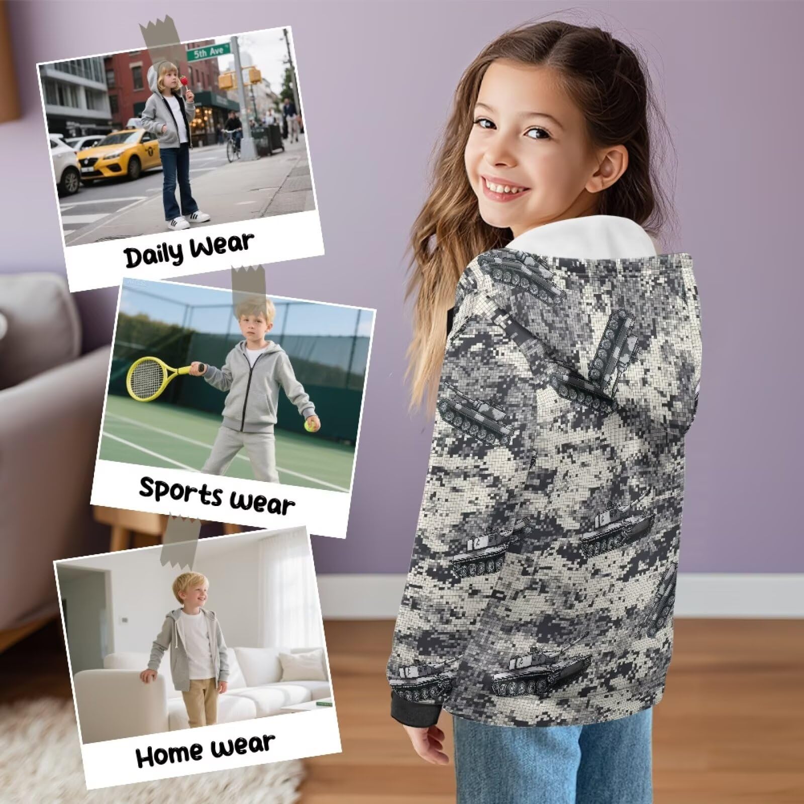 Xoenoiee Dziecięce bluzy z kapturem dla chłopców, zapinana na zamek, bluza 3D, fajna grafika zwierzęca, sweter z długim rękawem, top na jesień i zimę, Szary Camo Cartoon Tank, 6-8 Years