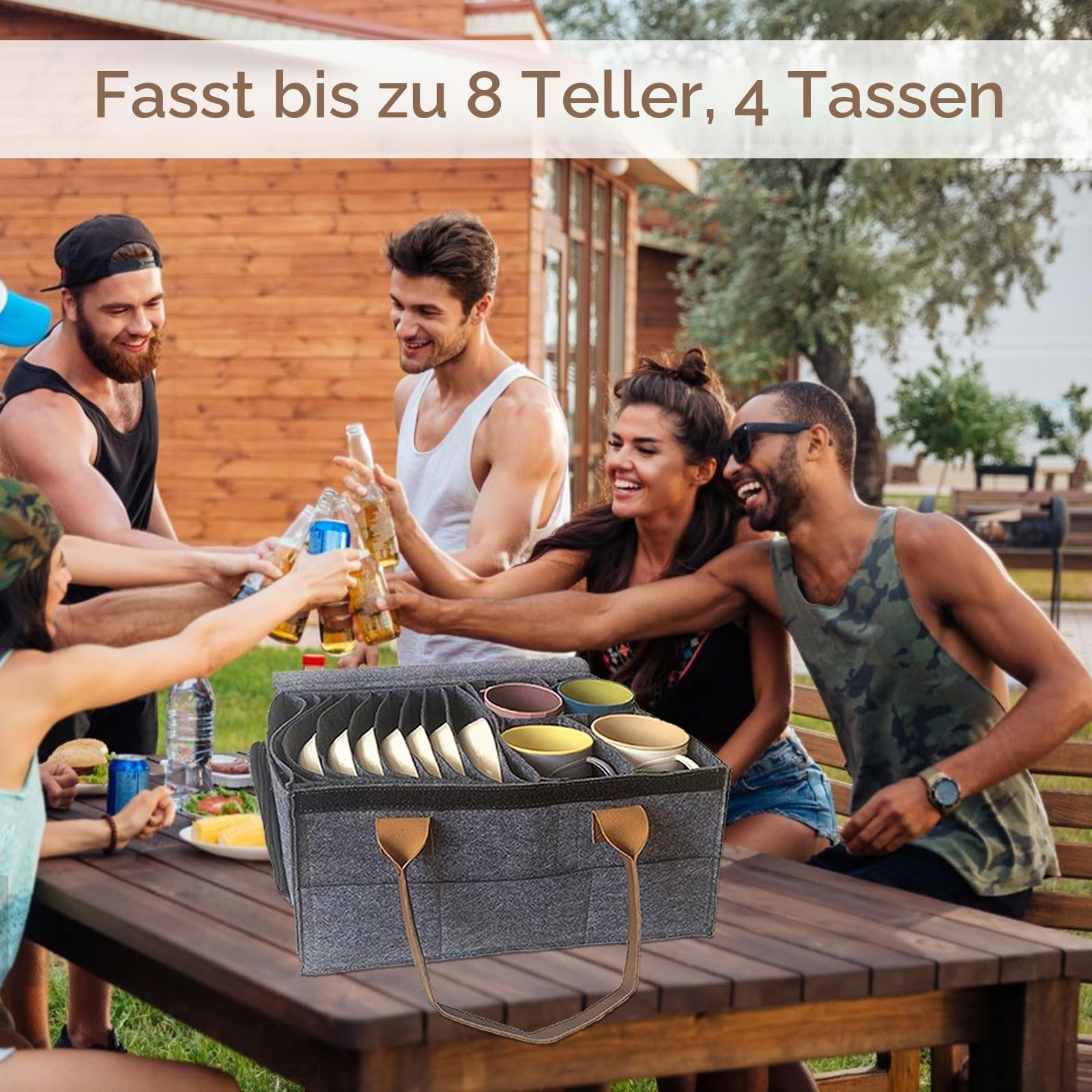 Wohnmobil Tellerhalter Filz, Camping Geschirr Aufbewahrung für 8 Teller 4 Tasse, mit bis zu ⌀27cm, Caravan Tassenhalter, Bestecktasche Camping, Filztasche mit Trennwand für Wohnmobil Küche Schrank