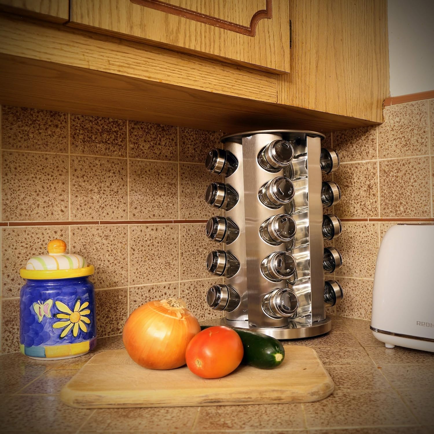 360° Rotating Spice Rack Organizer With 18 Glass Jars - Hanging Or Countertop Kitchen Spice Rack Holder With Labels Funnel Ferris Wheelwindmill Design For Masala Seasoning Storage I914593424