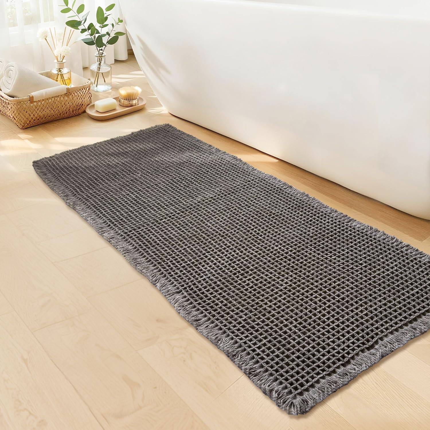 GRLYUH Waffle Runner Bath Mat - Long Boho Bathroom Rugs Non Slip Washable, Super Absorbent & Quick Dry, Soft Bath Mat Farmhouse Bathroom Decor, 24'' x