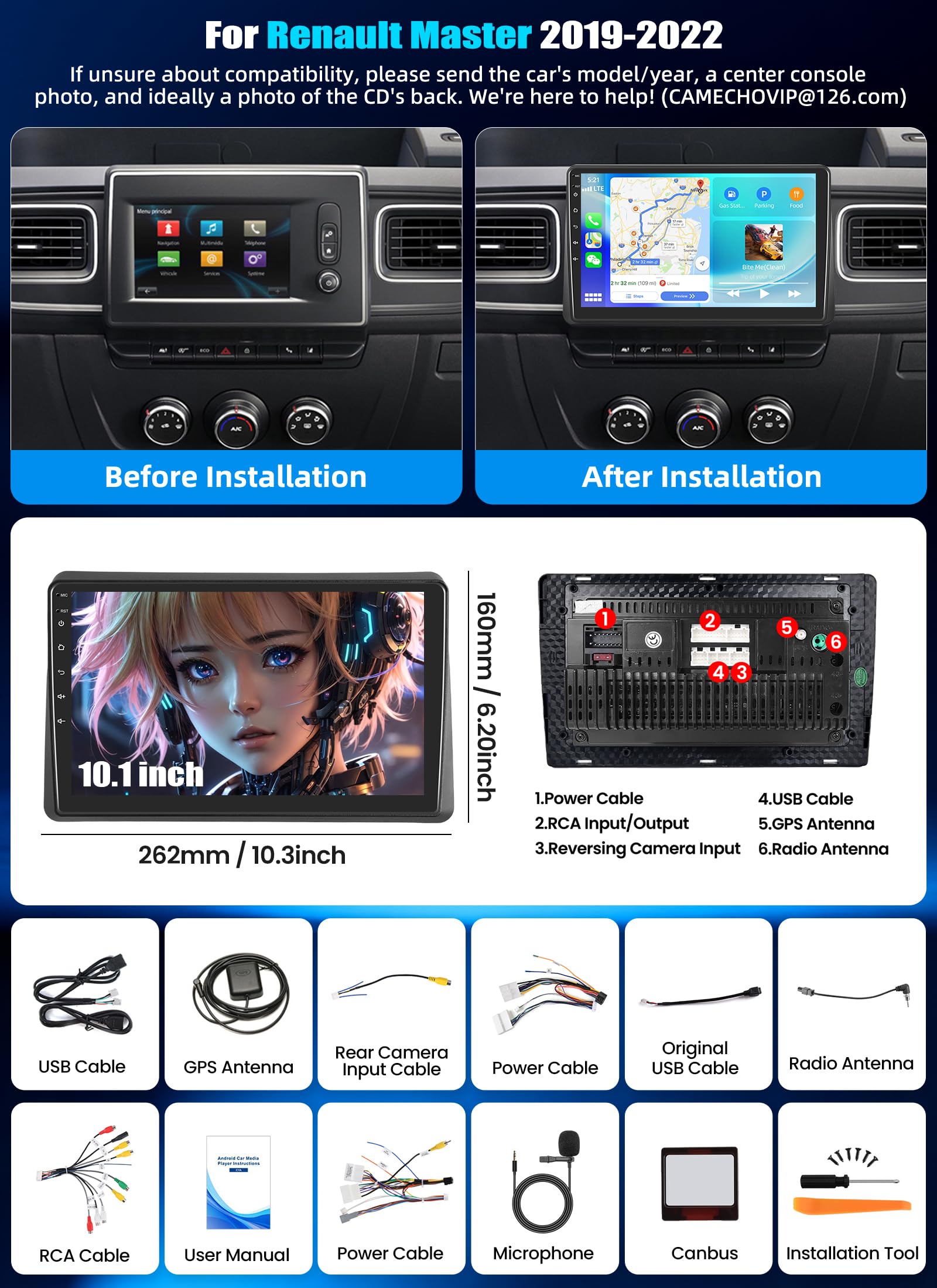 8-CORE 4+64G CAMECHO Android 15 Carplay Autoradio per Renault Master 2019-2022, DSP, 10.1" CarPlay Stereo con Schermo Bluetooth Android Auto GPS WiFi FM/RDS 32EQ Mirror Link +Mic