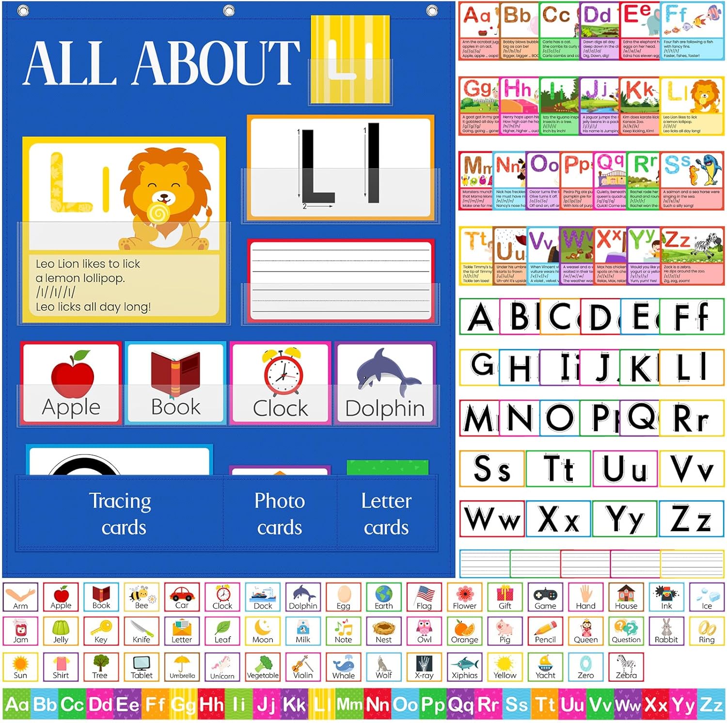 Motiskyy 34" x 27" All About Letters Pocket Chart Alphabet Learning Pocket Chart with 96 Cards Letter of the Day/week Activity Wall Alphabet Card Tracing for Homeschool Preschool Kindergarten(Blue)