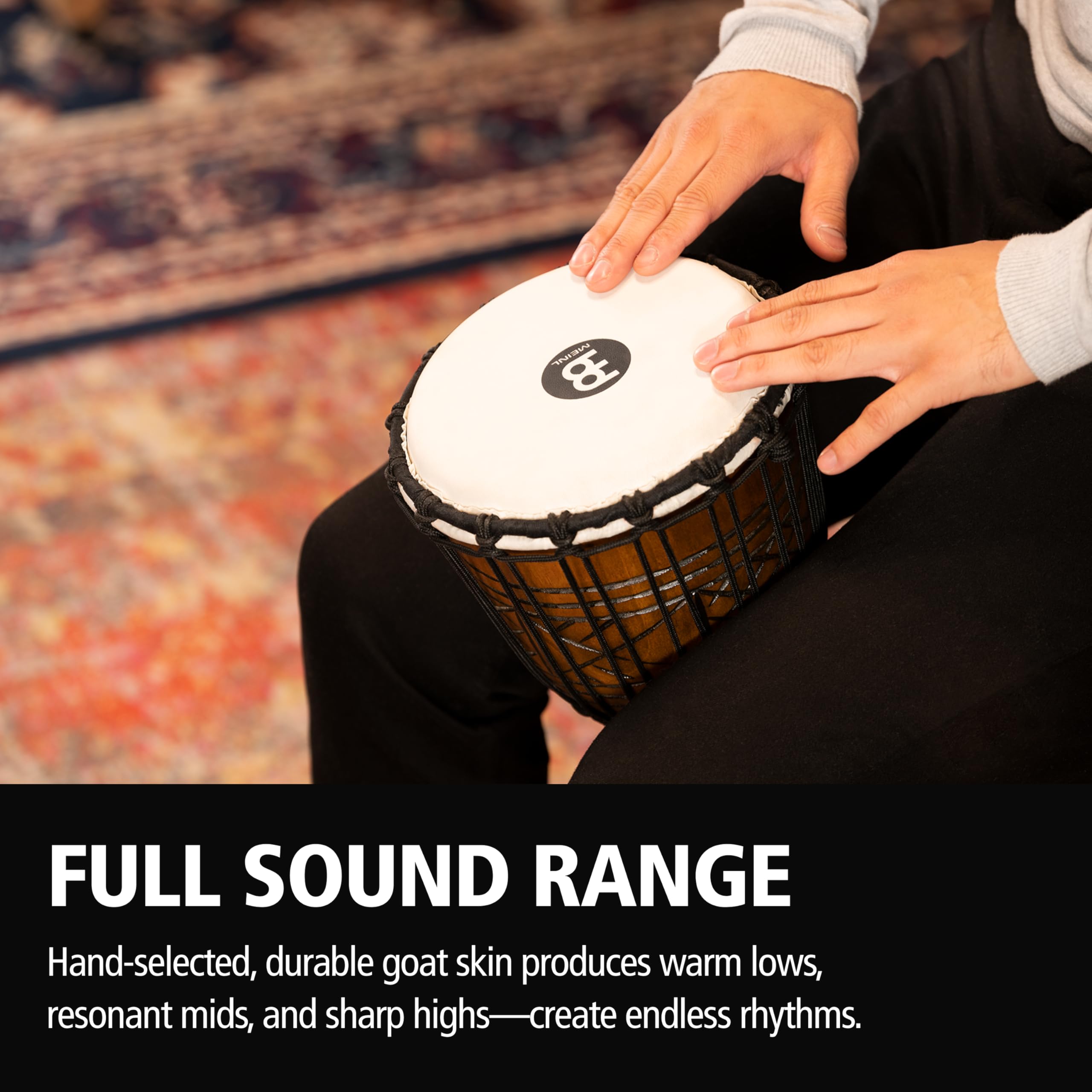 Meinl Percussion Artifact Series Djembe, Braun (HDJ17-S) | Handgeschnitzter Korpus, Höhe 15,75 Zoll, Durchmesser 8 Zoll, mit Nylonseilen, Ziegenfell, Mahagoni