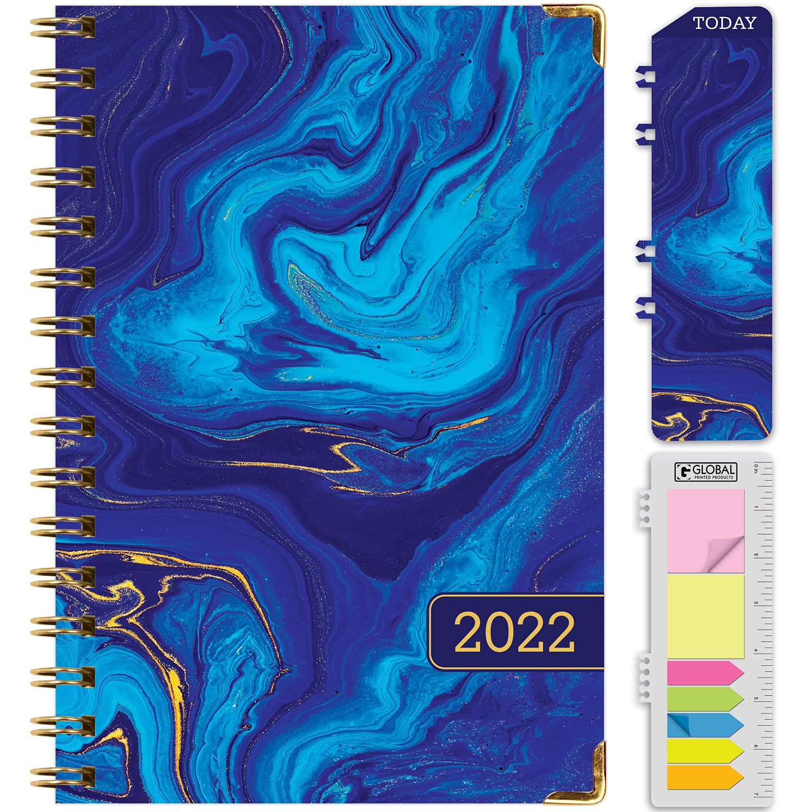 Global Printed Products HARDCOVER 2022 Planner: (November 2021 Through December 2022) 5.5"x8" Daily Weekly Monthly Planner Yearly Agenda. Bookmark, Pocket Folder and Sticky Note Set (Dark Blue Marble)