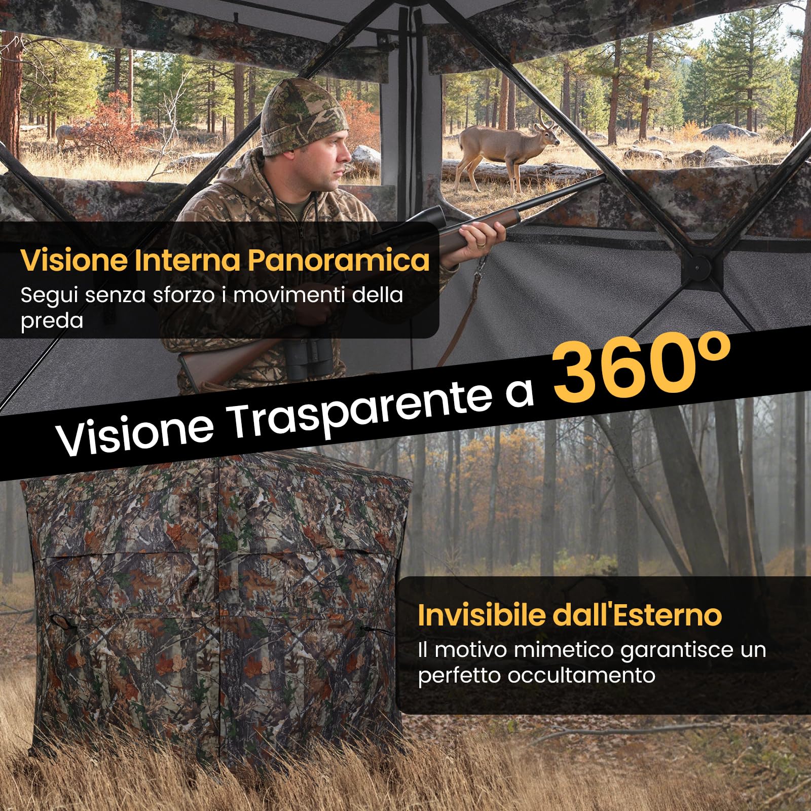 COSTWAY Tenda da Caccia Portatile per 4 Persone, Capanno Mimetico a Visione a 360° con Rete Trasparente e Borsa da Trasporto, Tenda Pop-up Camouflage per Caccia di Cervi e Tacchini, 147 x 147 x 170 cm