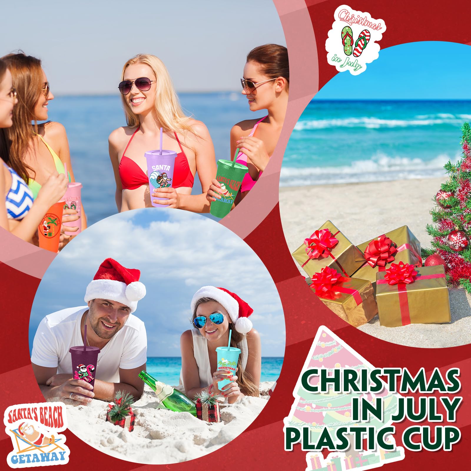CHENGU Lot de 24 gobelets tropicaux réutilisables en plastique avec couvercles et pailles en vrac, 710 ml, à paillettes pour Noël, l'été, les vacances, les fêtes, le bureau