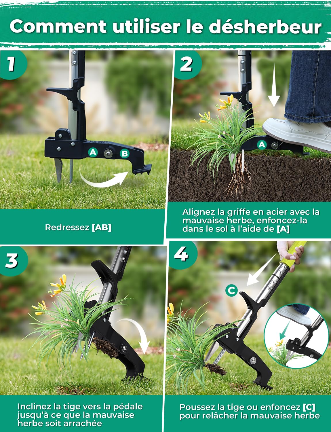 YISSVIC Desherbeur Manuel 108cm en Acier Inoxydable à 4 Griffes avec Pédale Arrache-Racines Télescopique Arrache Pissenlit Poignée Antidérapante Réglable en Forme de D pour Outils Jardinage