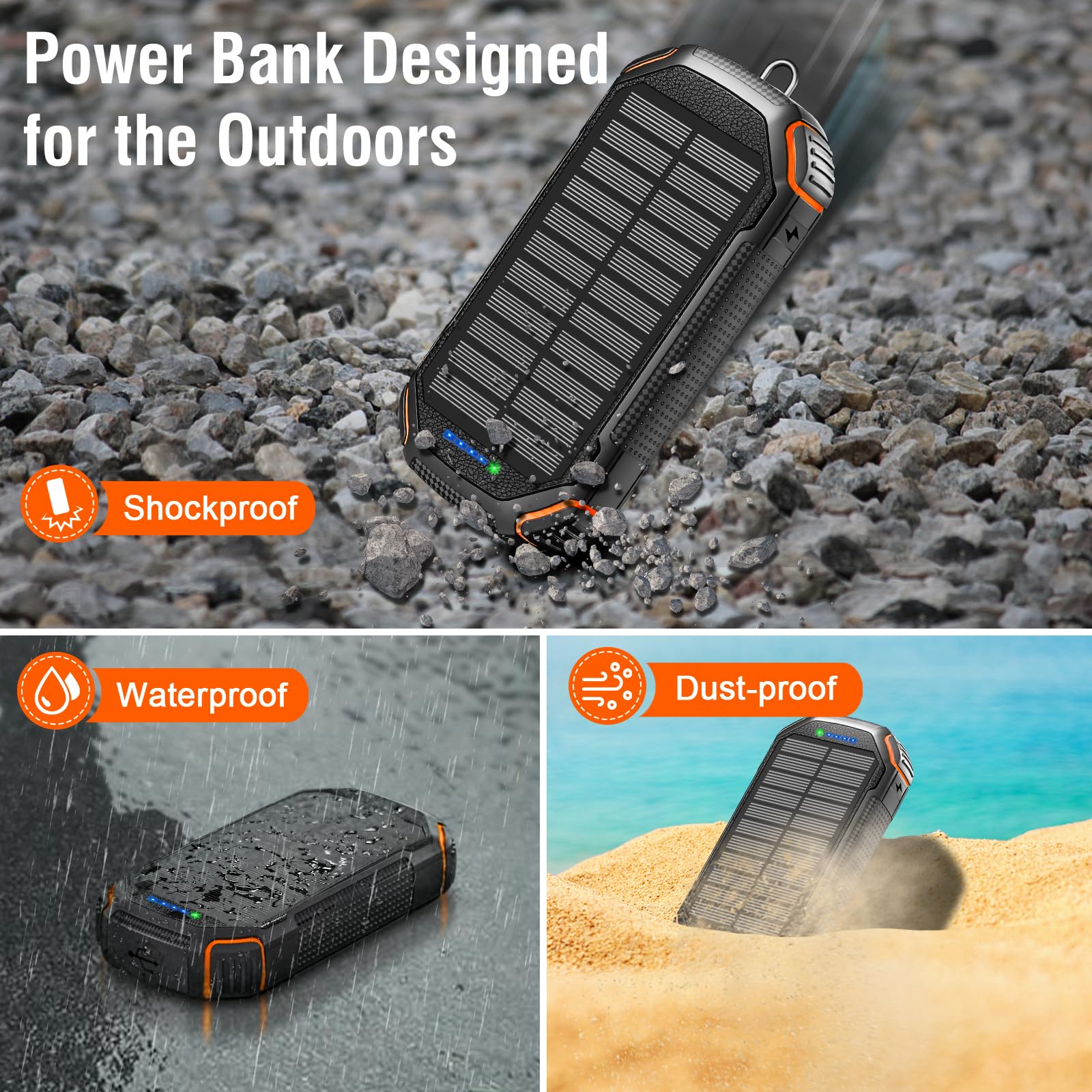 Senza fili Power bank Solare da 26800mAh con 3 Cavi Integrati e Luci da Campeggio, USB-C PD 15W 3A con 4 Uscite e 3 Ingressi, power bank Solare per iPhone, Samsung, Smartphone