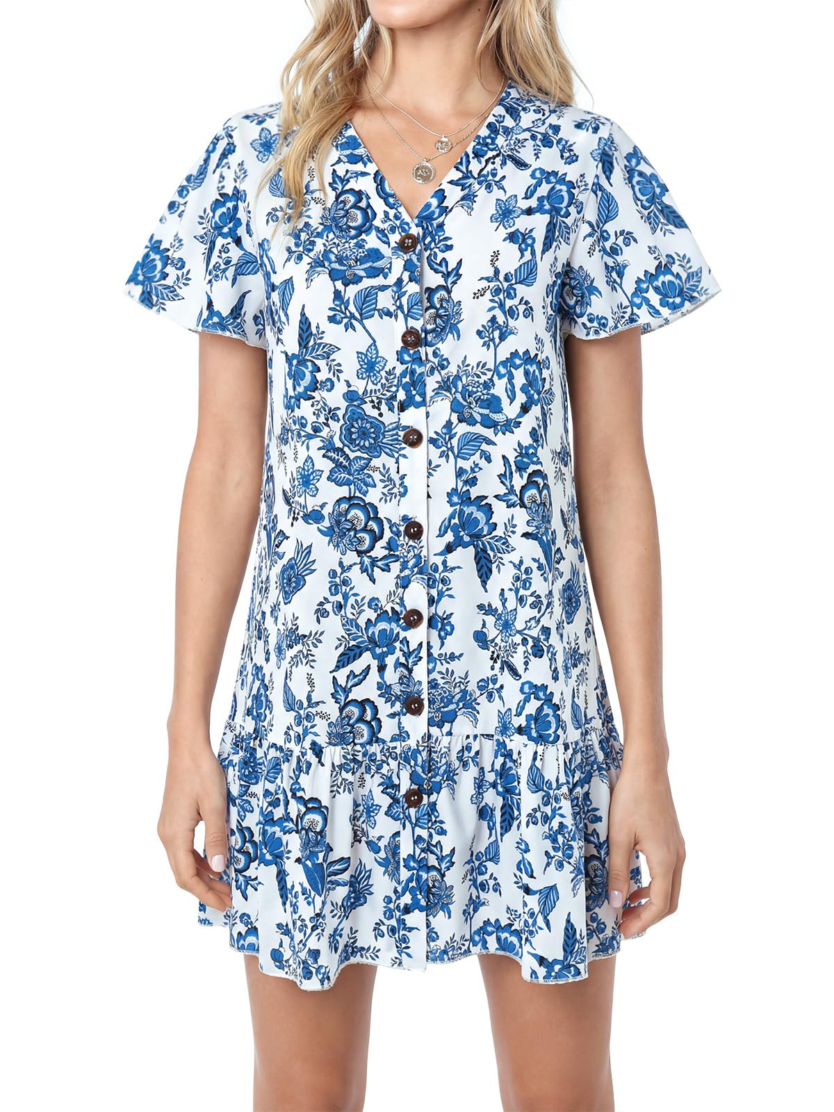 Imysty Womens Summer Polka Dot V Neck Button Down Loose Mini Dress