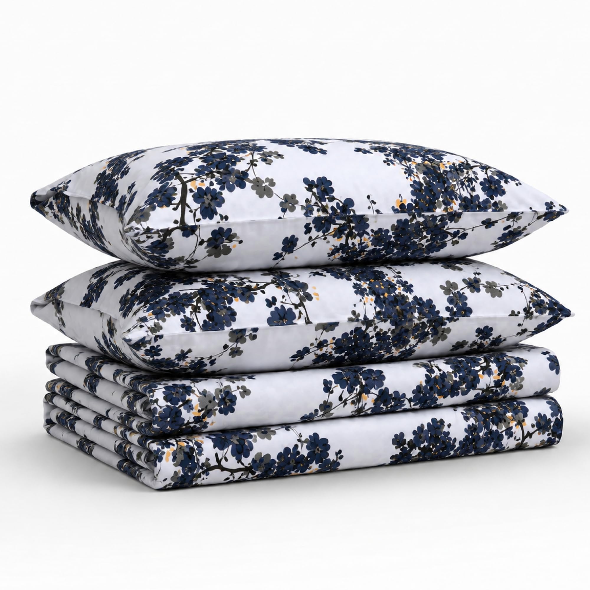 Tribeca Living Twin Bed Sheet Set, 300 Thread Count Soft Cotton Sateen, Floral Print with Extra Deep Pockets, 3-Piece Bedding Set, Milan Navy Blue/Multicolor