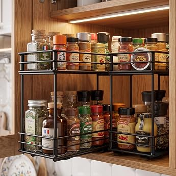 Spice Rack Extendable Cabinet 2 Pieces Storage Rack 2 Tier Spice Racks for Kitchen Pull Out Spice Rack Kitchen Cabinet Organiser with Cabinet Shelf Bottles Oil Ingredients Glasses Cooking