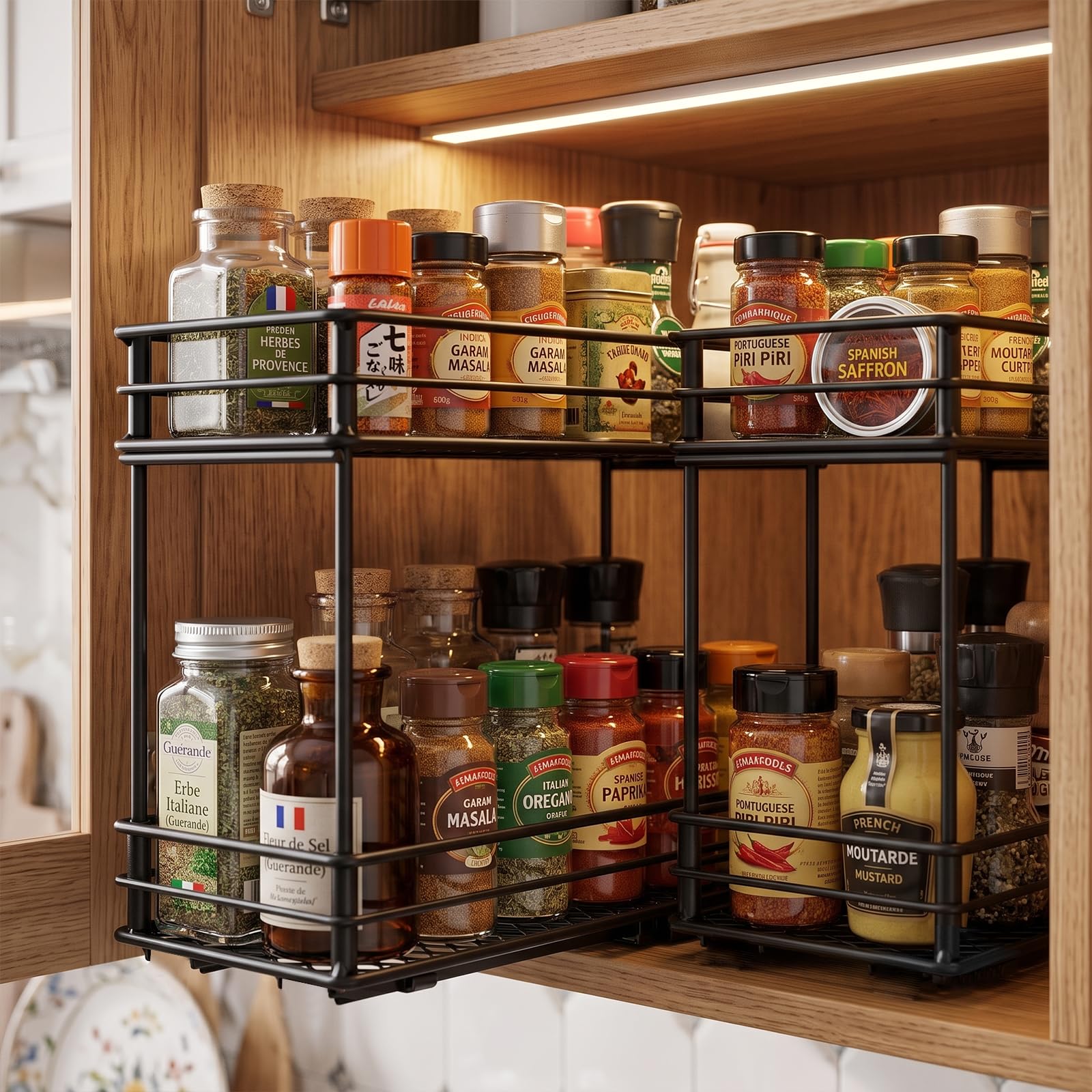 EasyVibe Lot de 2 étagères à épices - Étagère de rangement à 2 étages - Étagère à épices pour cuisine - Étagère à épices - Organiseur avec armoire - Pour bouteilles d'huile - Bocaux de cuisine