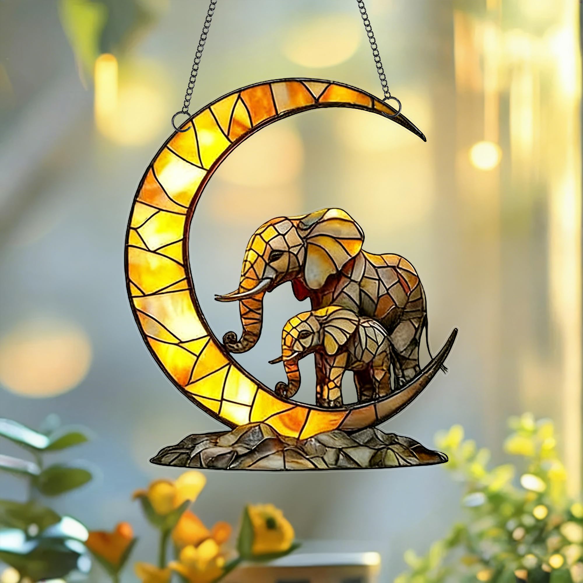 Crescent Moon Mother and Baby Elephant Acrylic Suncatcher with Hanging Chain, Warm Mosaic Window Decor for Home, Patio, Garden,Ideal Present for Family, Housewarming, Baby Shower/YX-42
