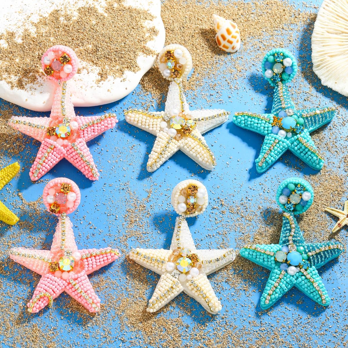 3 Pairs of Beaded Seashell Starfish Earrings Set for Women, Light Pink Blue Dainty Shellfish Dangle Earrings with Rhinestones, Boho Summer Beach Nautical Jewelry Gift (2 Set) - Image 2