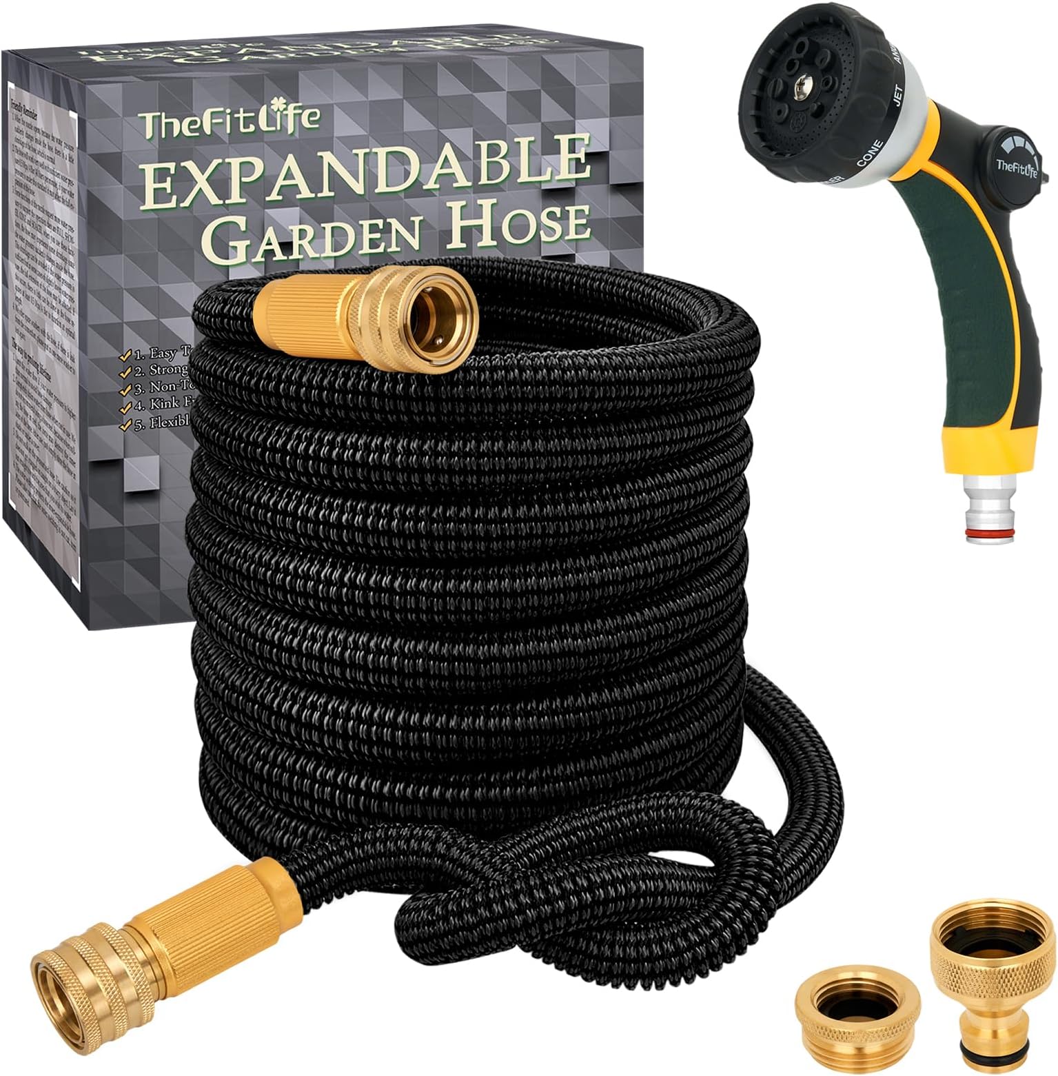 TheFitLife Expandable Garden Hose Pipe - Strongest Triple Core Latex and Solid Metal Fittings 8 Pattern Spray Nozzle EU Standard Expanding Kink Free Easy Storage Flexible Water Hose (50 Feet)