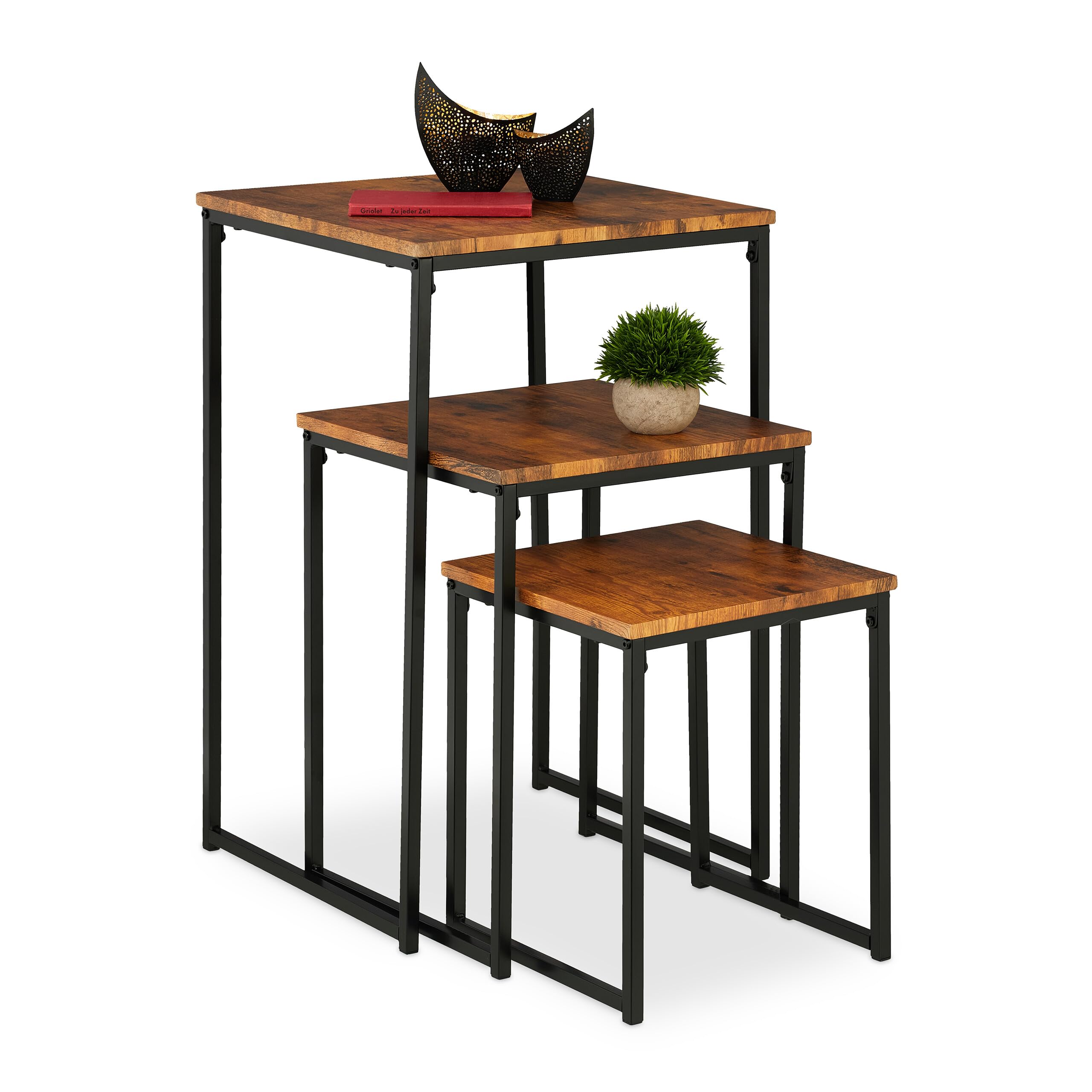 Relaxdays Beistelltisch 3er Set, stapelbar, Industrie Design, Satztisch 3 Größen, quadratisch, Metall, braun/schwarz