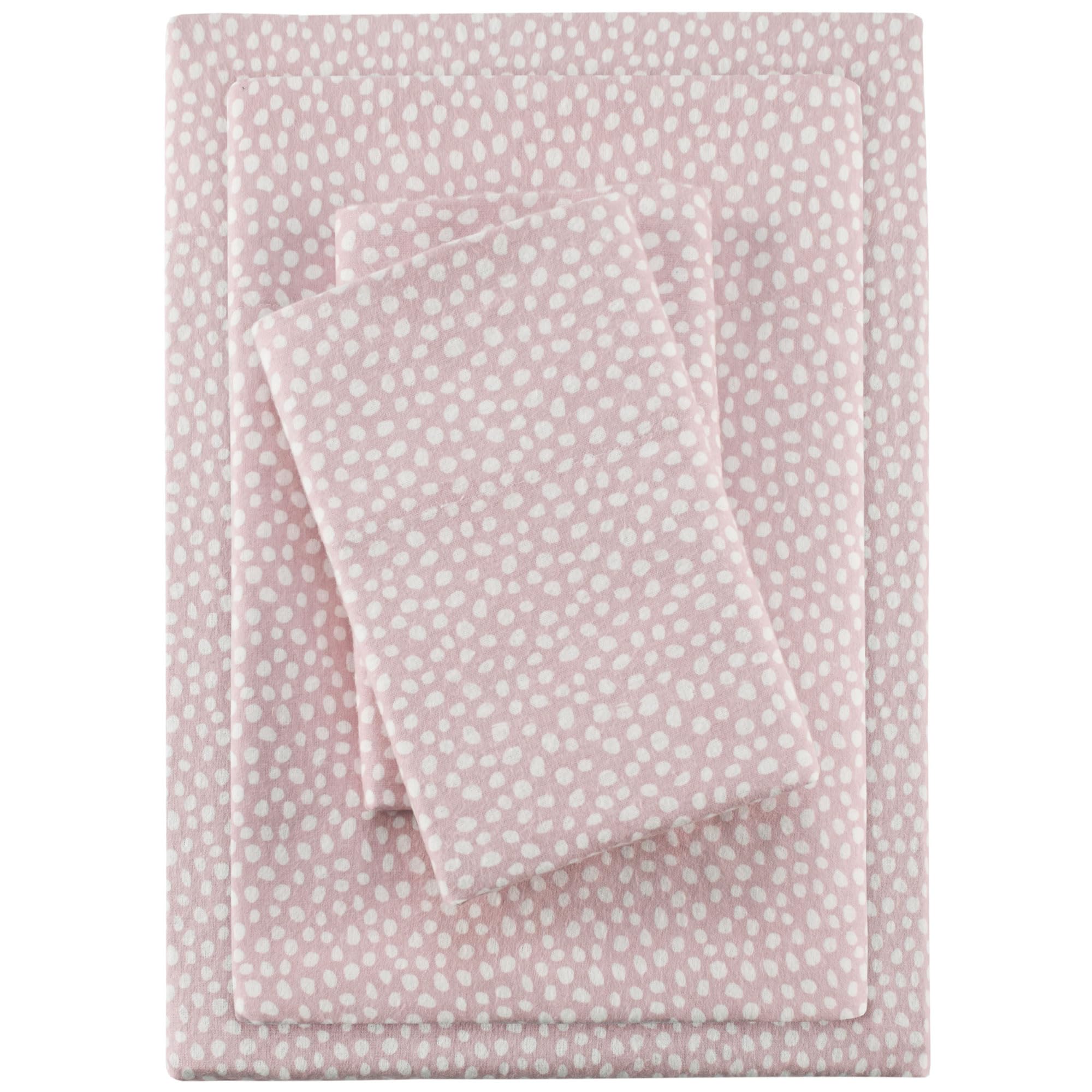 True North by Sleep Philosophy Cozy Flannel Warm 100% Cotton Sheet - Novelty Print Animals Stars Cute Ultra Soft Cold Weather Bedding Set, Queen, Blush Dots 4 Piece