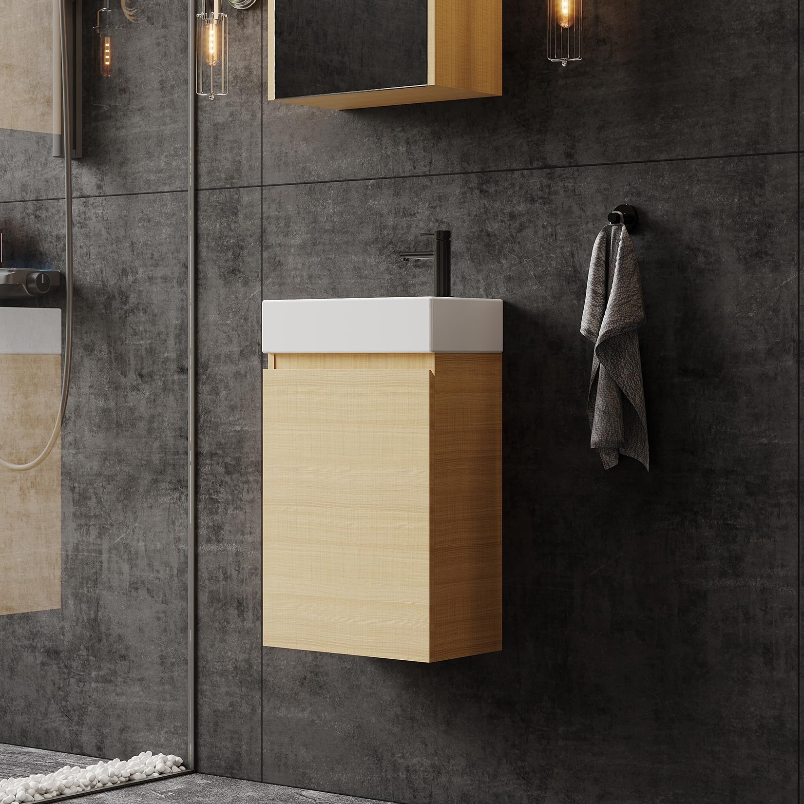 Szafka pod umywalkę 40 cm dąb, wisząca na ścianie z umywalką ceramiczną, 1