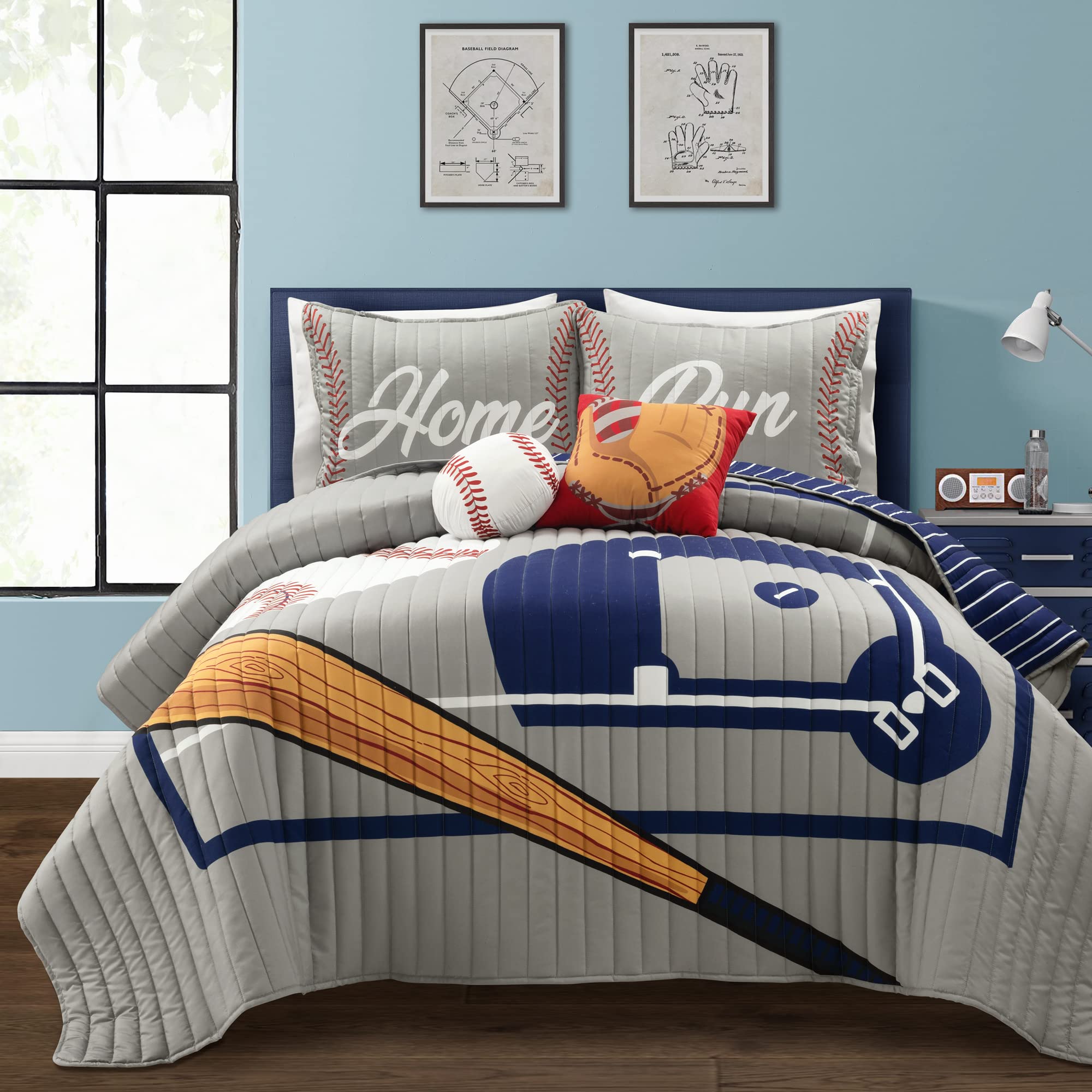 Lush Decor Wende-Bettwäsche-Set für Kinder, Baseballspiel, übergroß, 5-teilig, Doppelbettgröße, Grau und Marineblau