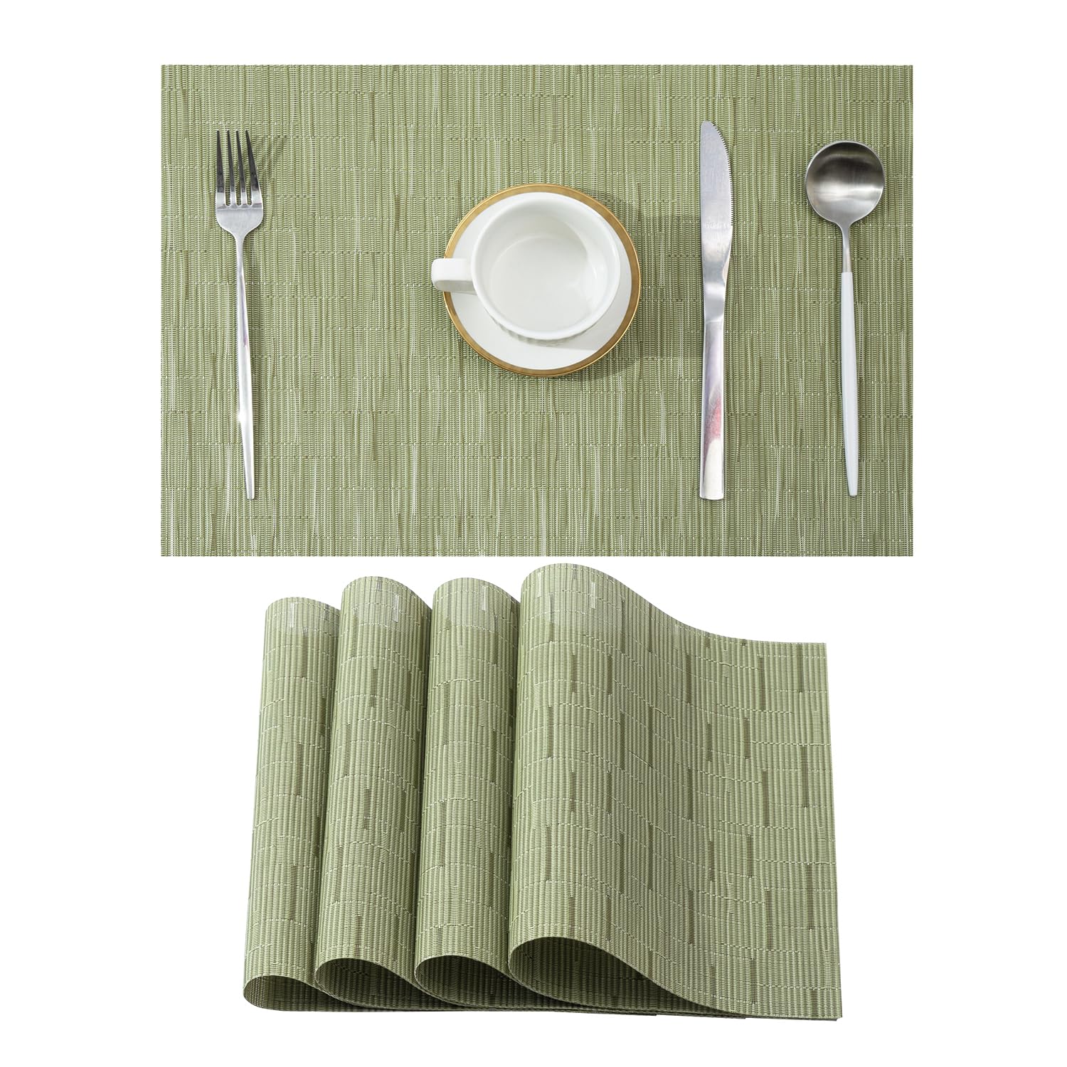 Leetaltree Pea Green Placemats Set of 4 - Heat Resistant Non-Slip Place mats for Dining Table, Washable Durable PVC Vinyl Woven Table Mats(Pea Green, 4) — image 1