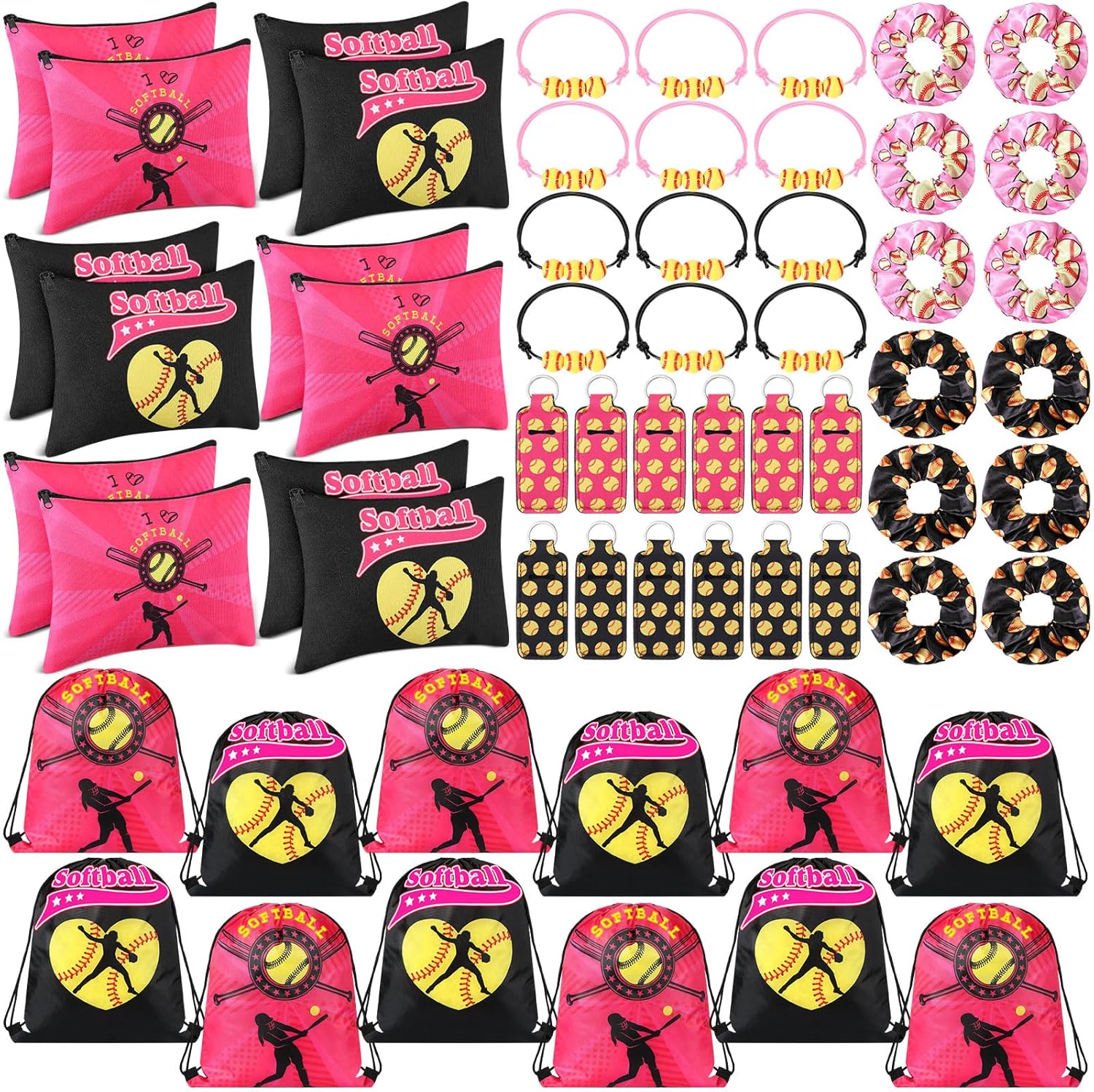 Paterr 60 Pcs Softball Party Favors Gifts 12 Drawstring Bag 12 Makeup Bags 12 Lipstick Holder 12 Hair Scrunchies 12 Bracelet for Softball Party(Cute Style)