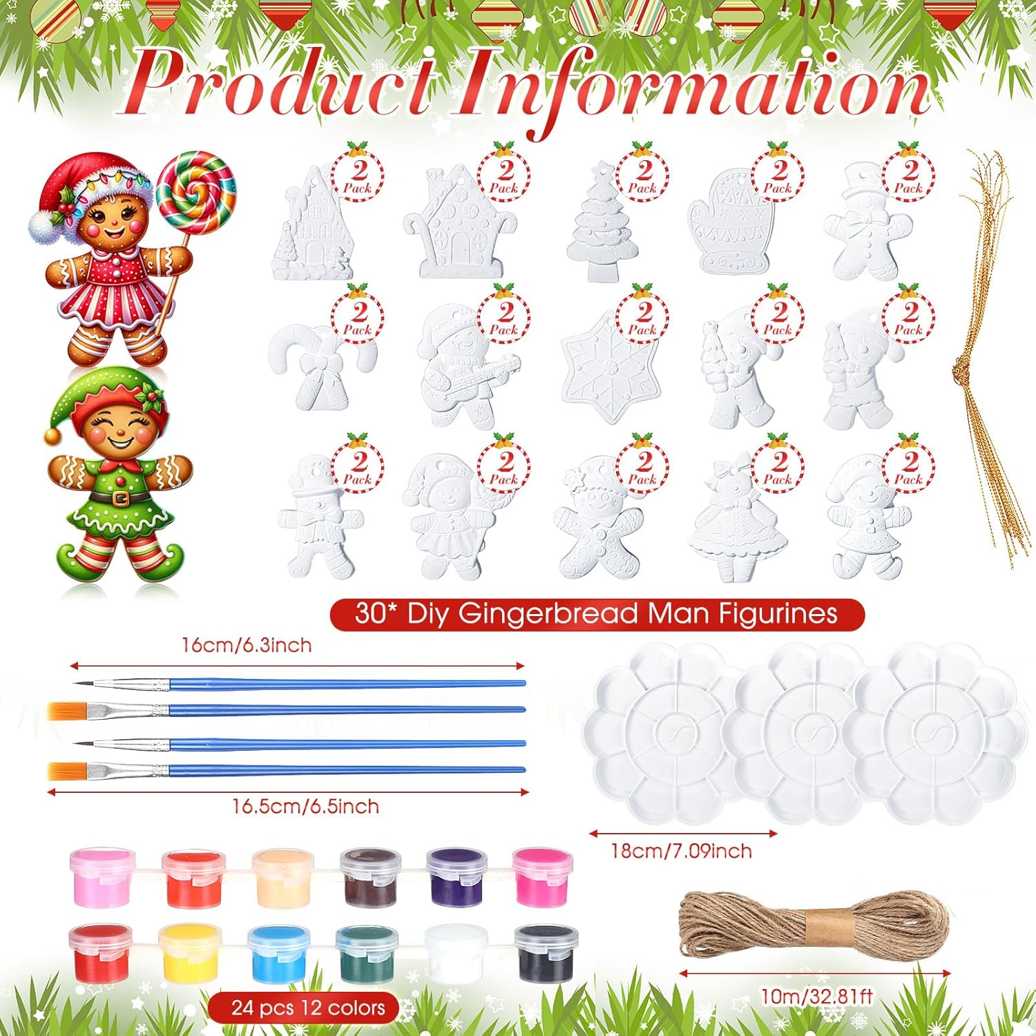Beeveer 30 Sets Ceramic Christmas Ornament to Paint Christmas Crafts DIY Kit for Adults Kits Xmas Gingerbread Man Your Own Figurines Painting Kit with 24 Paints 16 Brushes 3 Palette