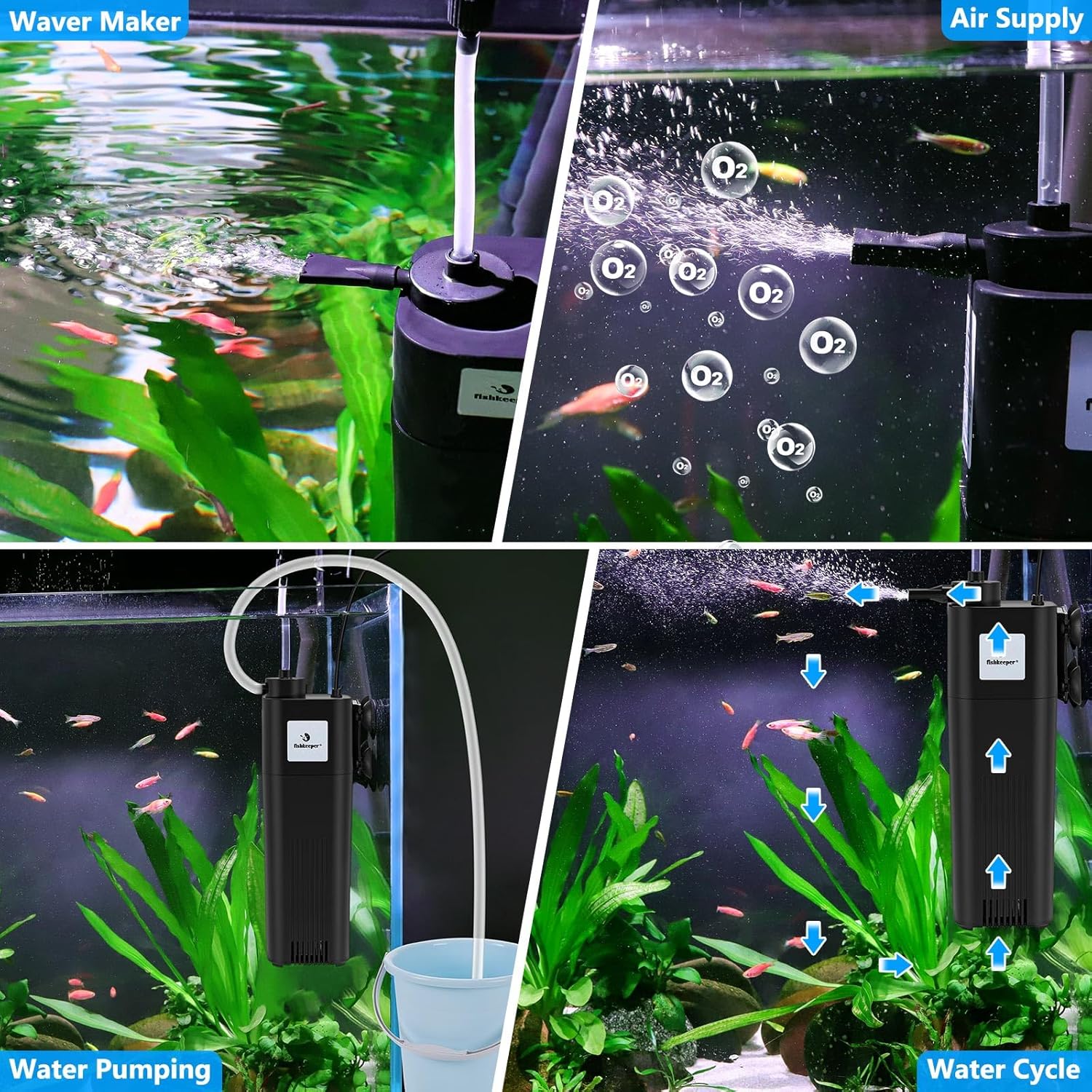fishkeeper Aquarium Filter showing various functions like wave making, air supply, water pumping, and water cycling