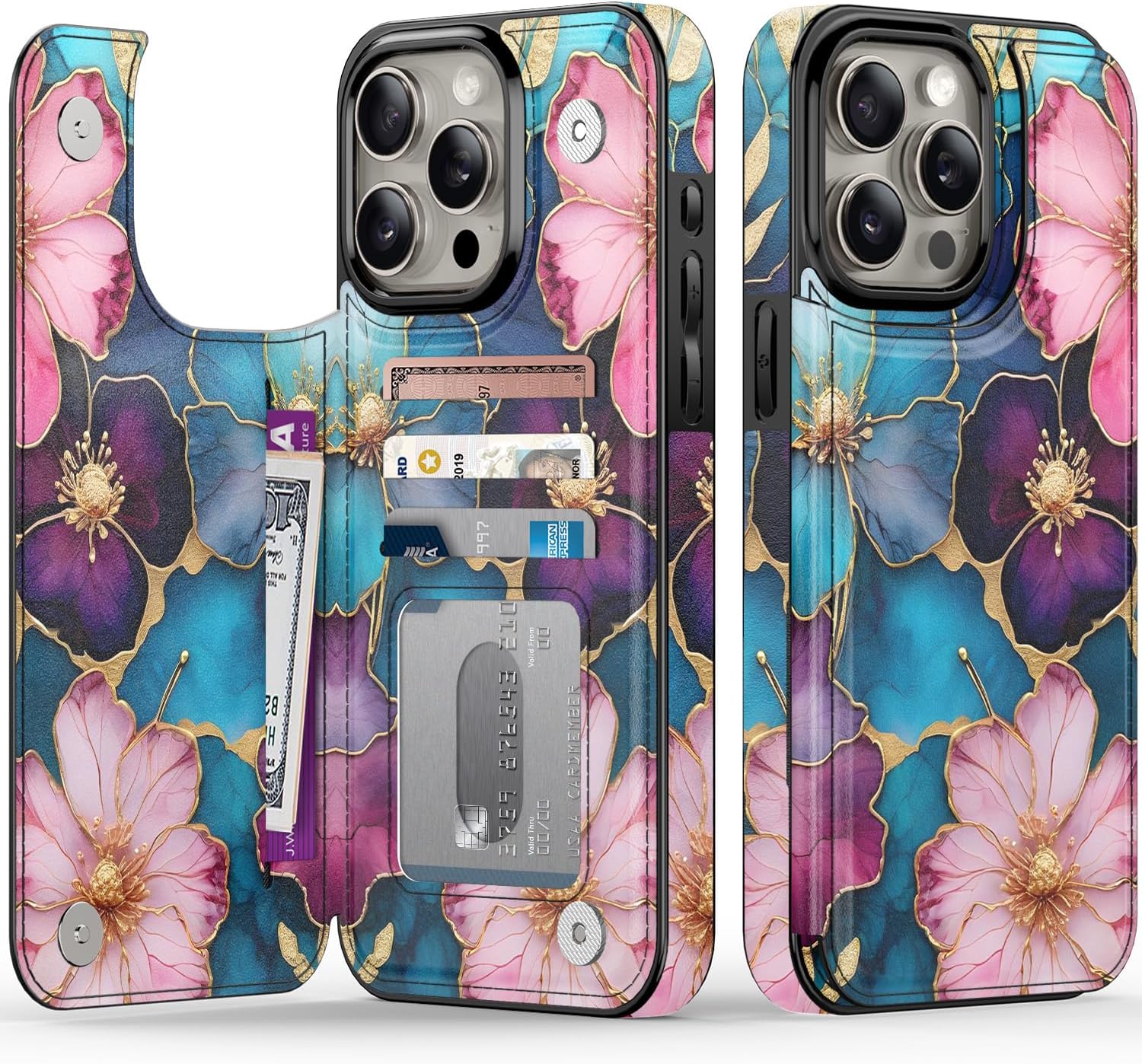 FUNMIKO for iPhone 15 Pro Max Wallet Case with Card Holder + Cash Clip, RFID-Blocking, Military-Grade Drop Protection & UV-Printed Artwork, Magnetic Closure with Kickstand - Vibrant Flower Pattern